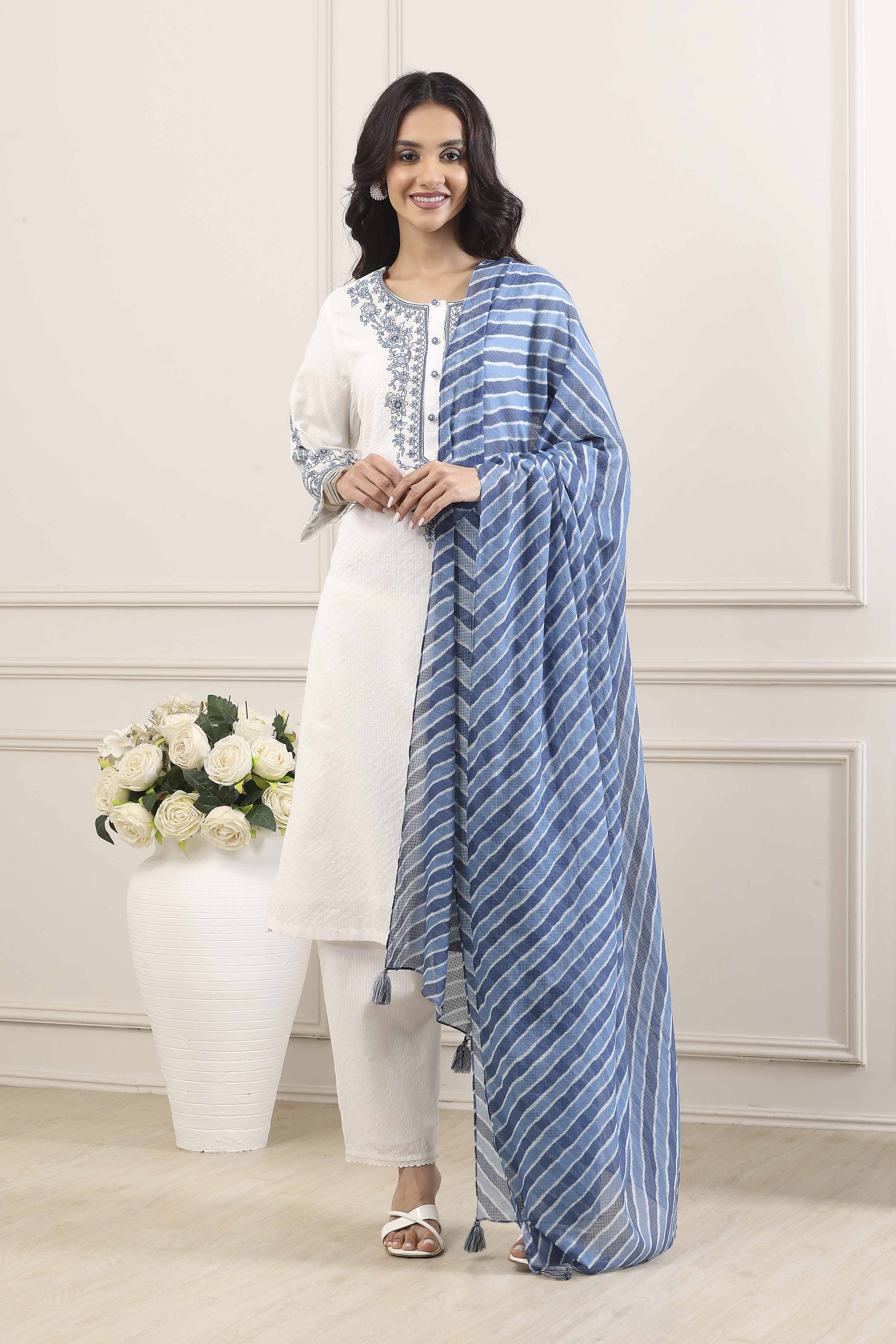 White Cotton Straight Suit Set image number 6