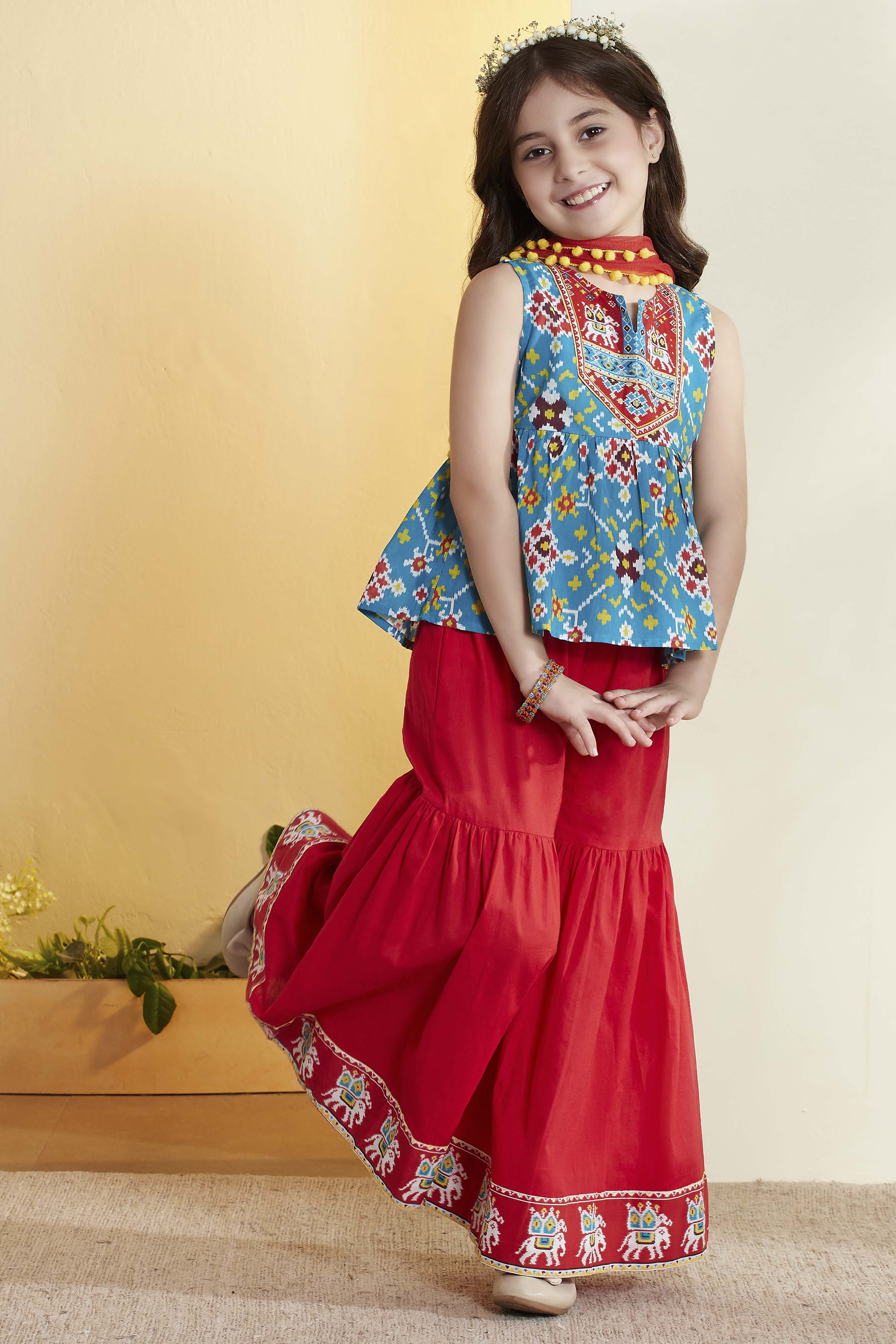 Turquoise & Red Printed Cotton Garara Set image number 0