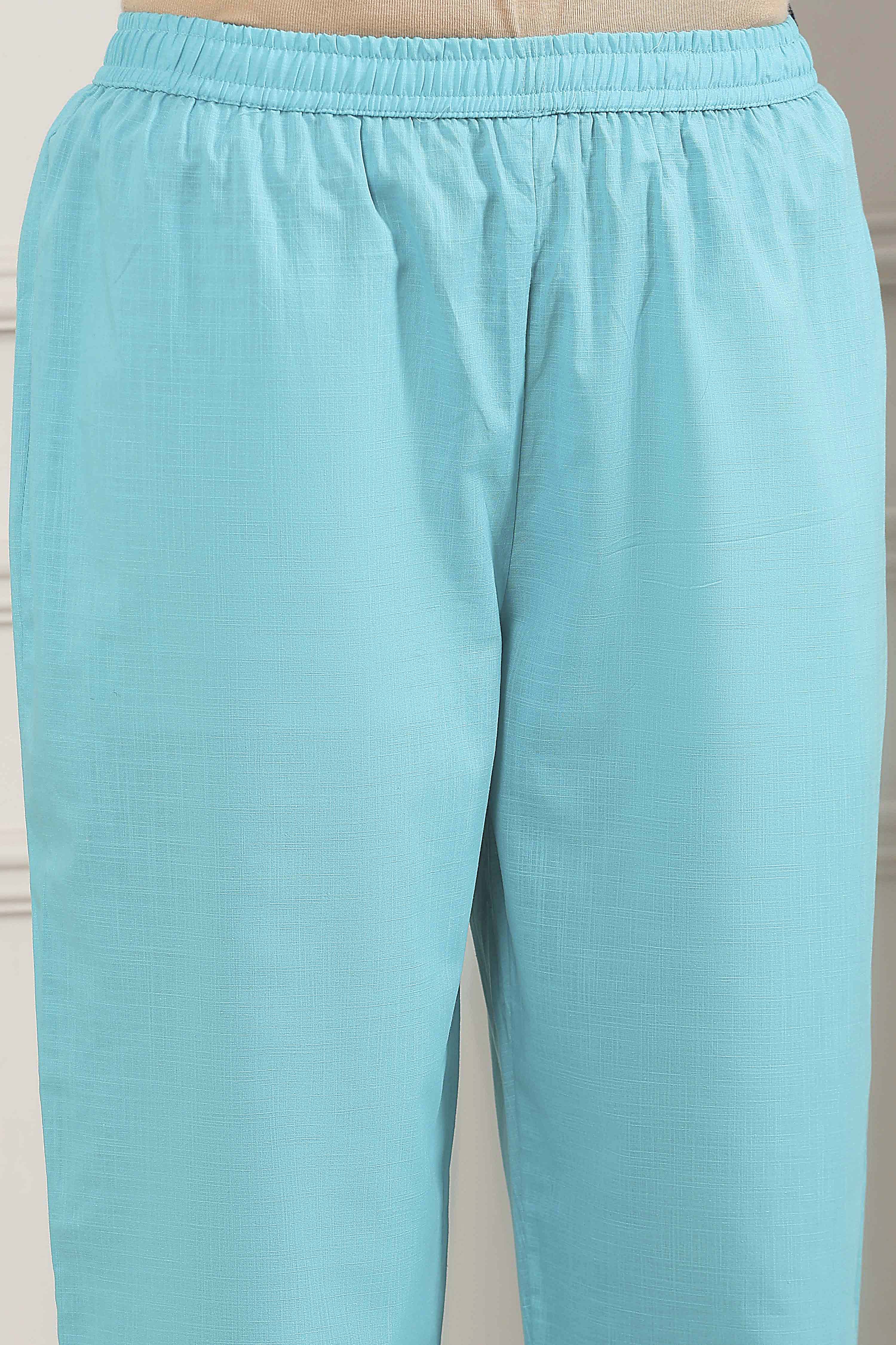 Turquoise Cotton Kalidar Kurta Pants Set image number 2