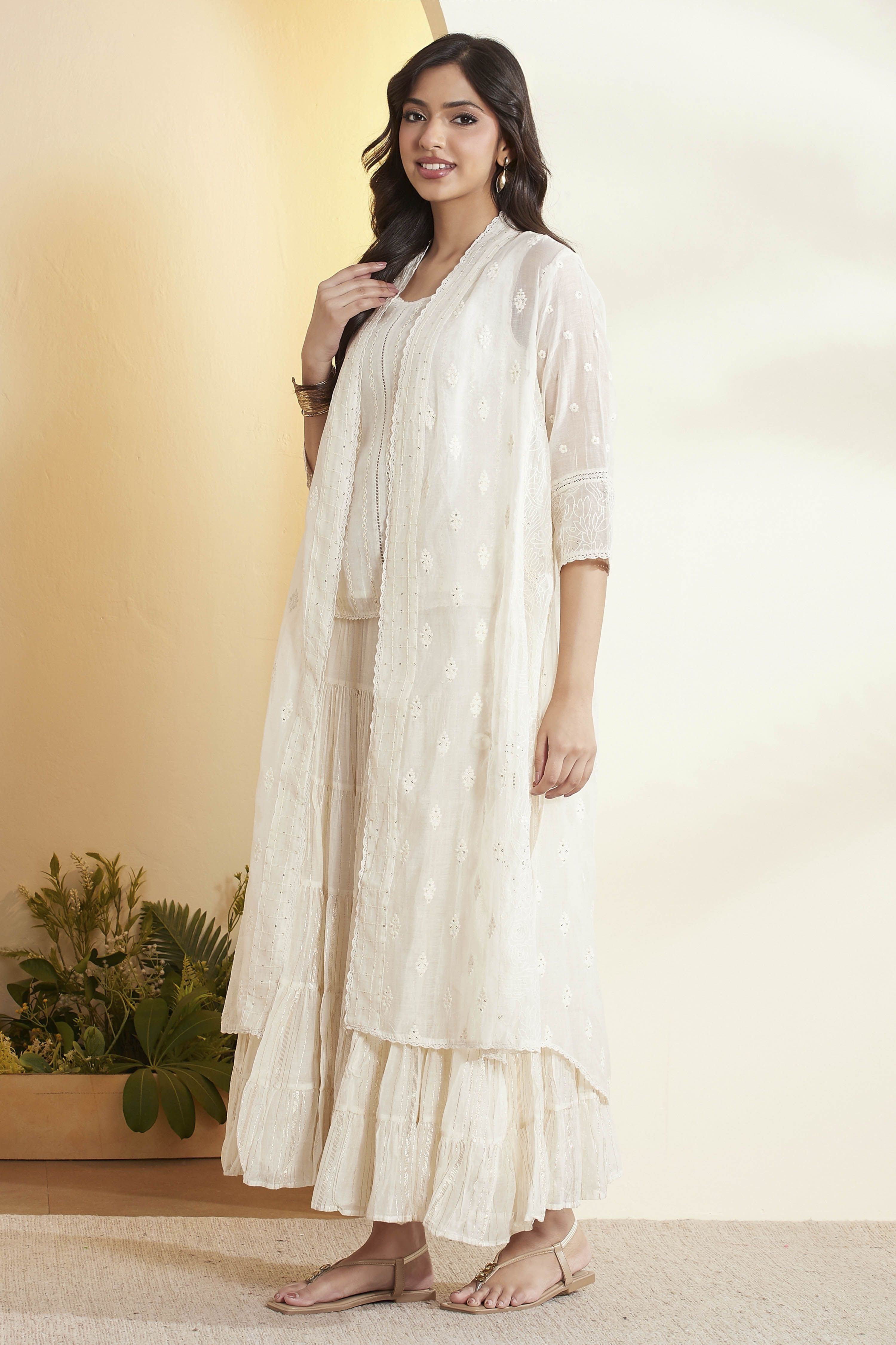 Off-White Cotton Embroidered Silk Fusion Set image number 4