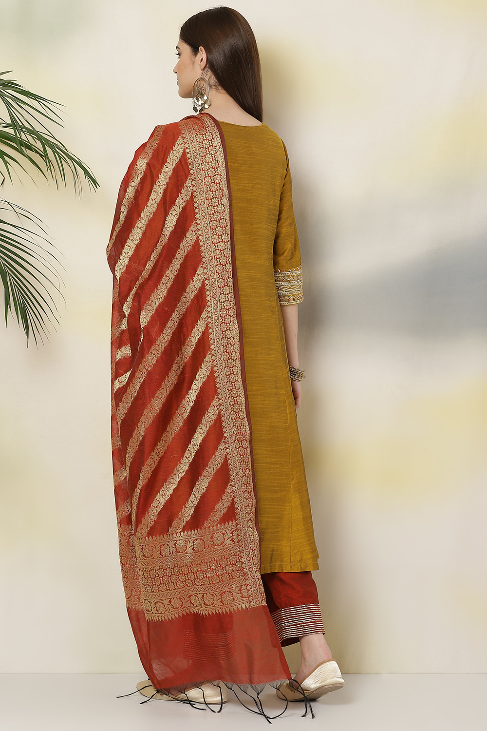 Mustard Poly Viscose Anarkali Kurta Palazzo Suit Set image number 7