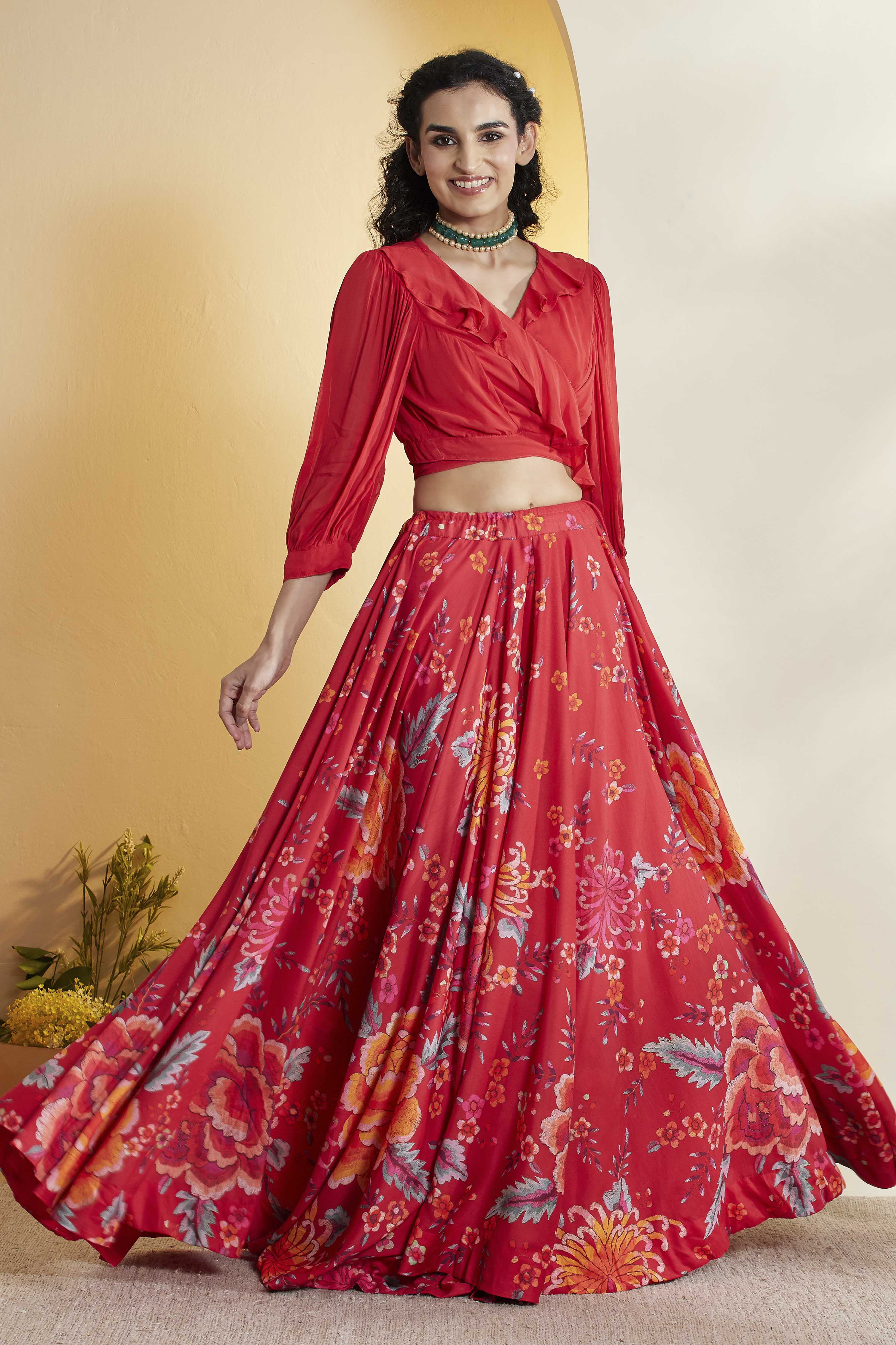 Red Viscose Rayon Front Open Lehenga Set image number 7