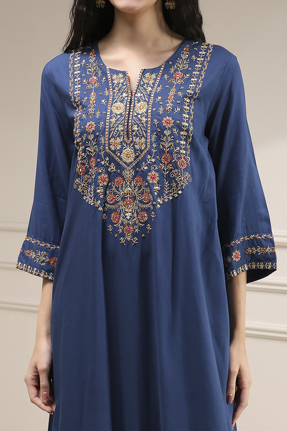 Navy Blue Embroidered Straight Suit Set image number 1