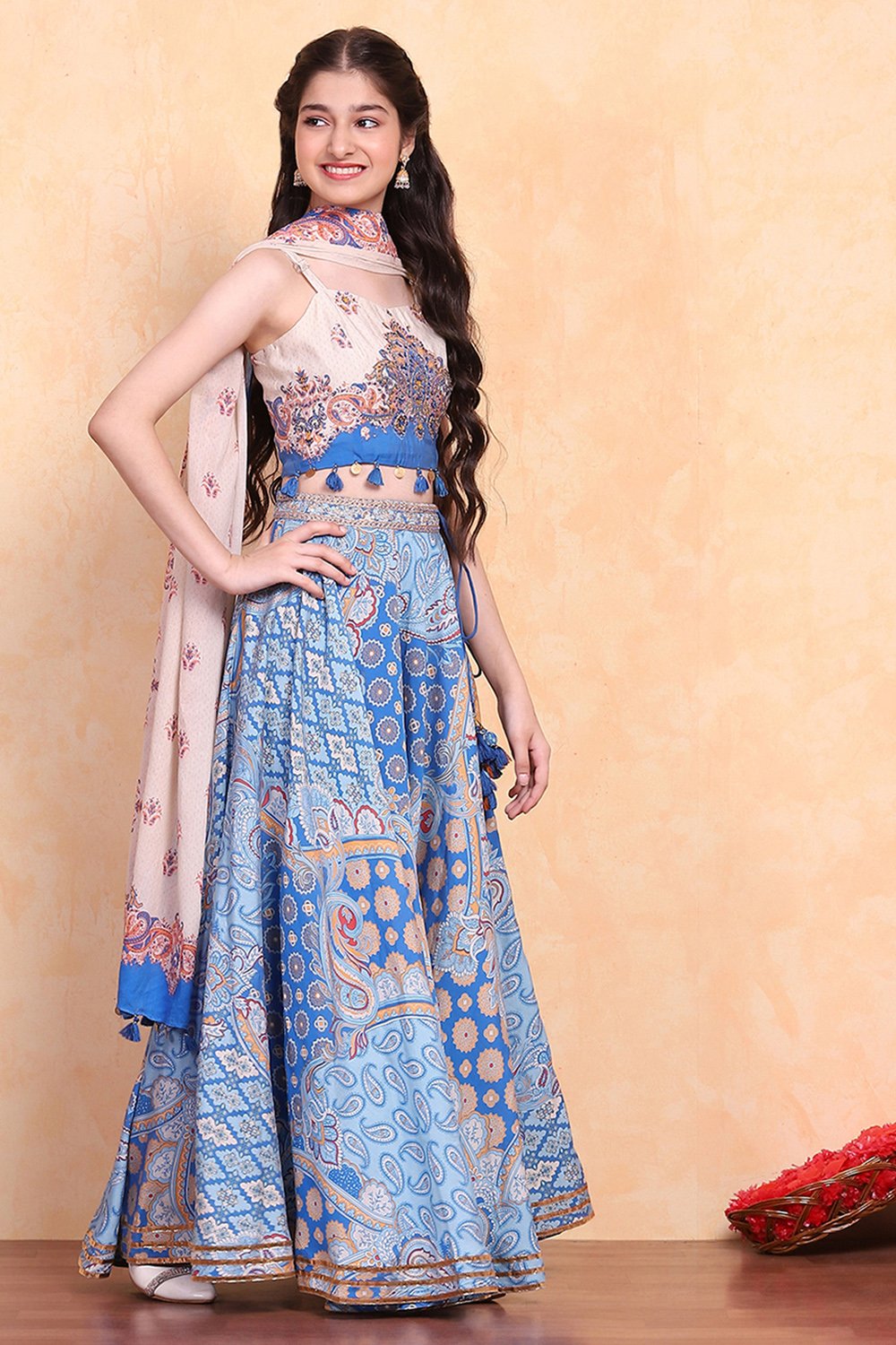 Electric Blue Viscose Blend Lehenga Set image number 4