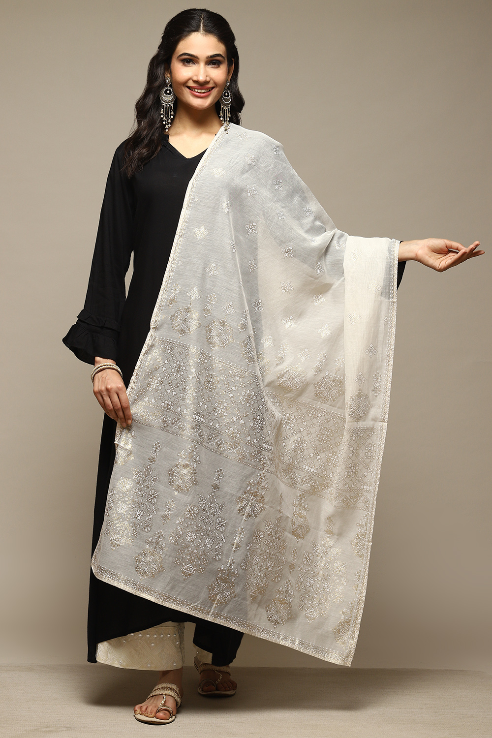 Off White Cotton Blend Printed Dupatta image number 0