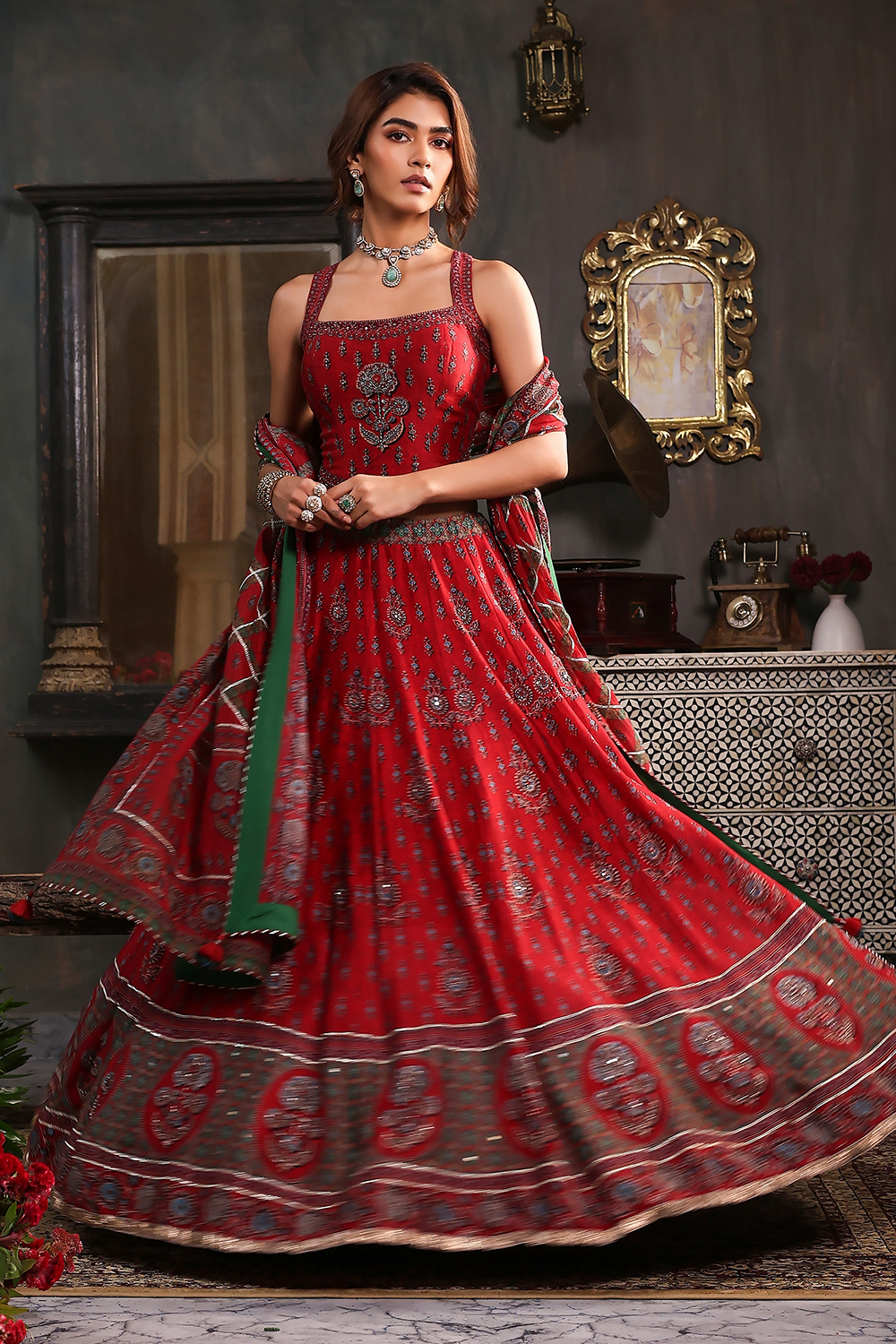 Red Chanderi Fitted Printed Lehenga Set image number 6