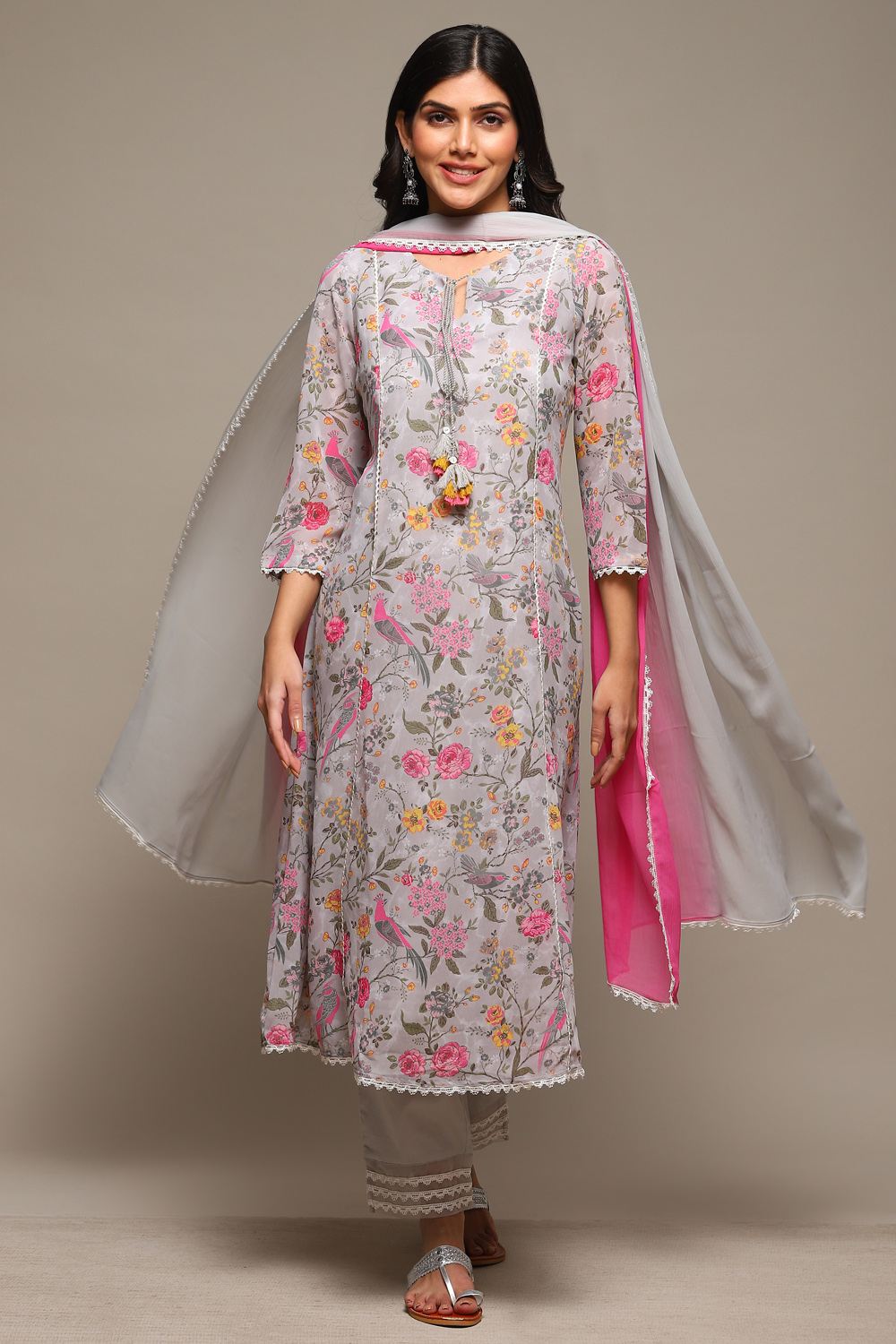 Grey Cotton Blend Kalidar Kurta Pants Suit Set image number 7