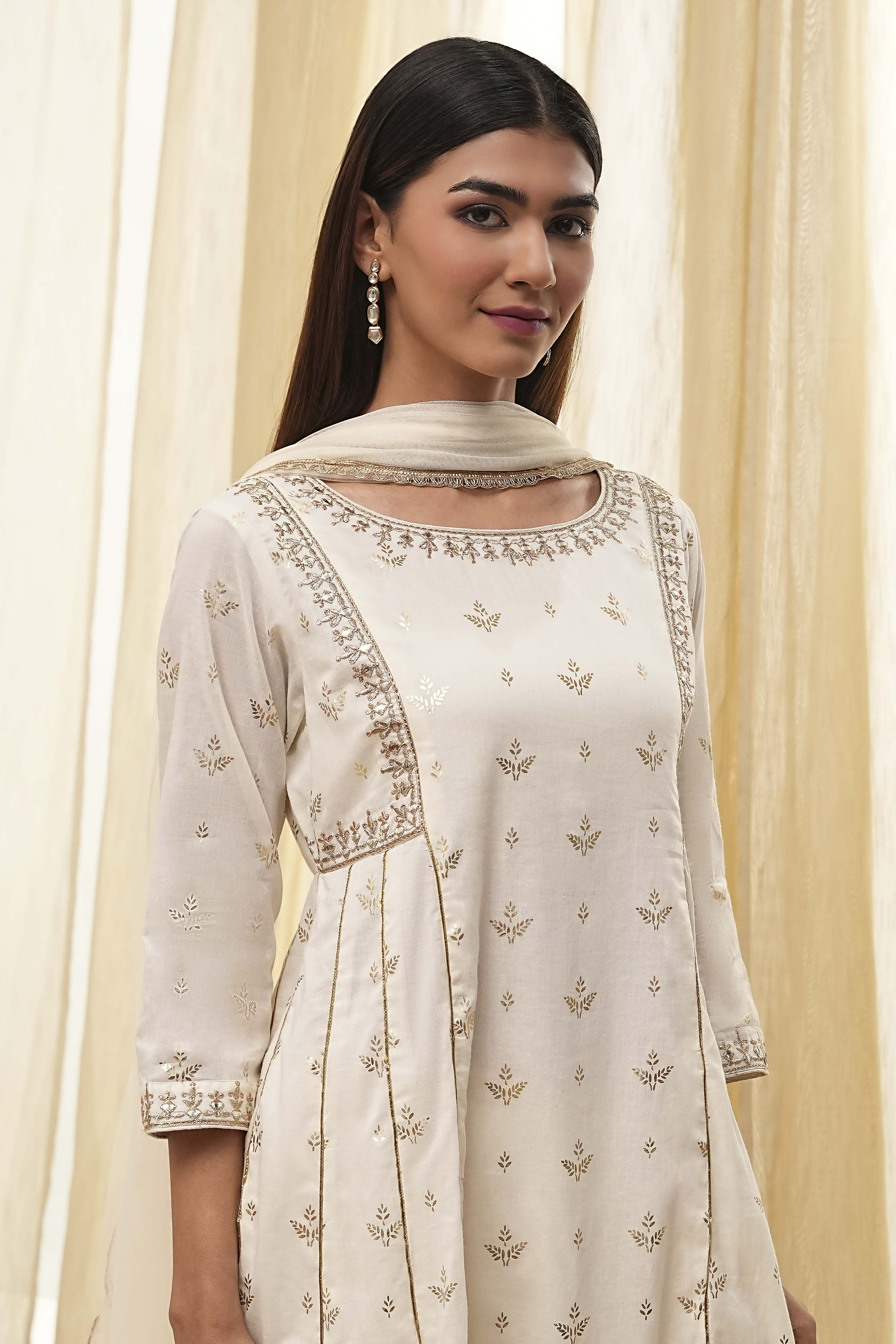 Cream-Colored Cotton Foil Printed Kalidar Suit Set image number 1