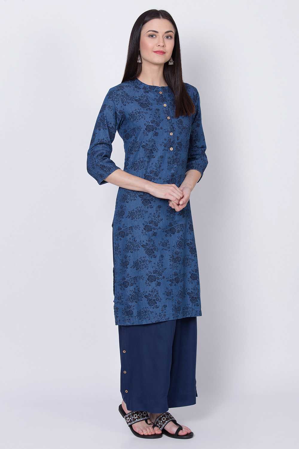 Denim Blue Cotton Straight Printed Kurta image number 2