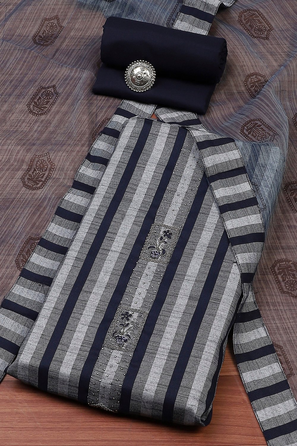 Blue Cotton Unstitched Suit Set image number 0