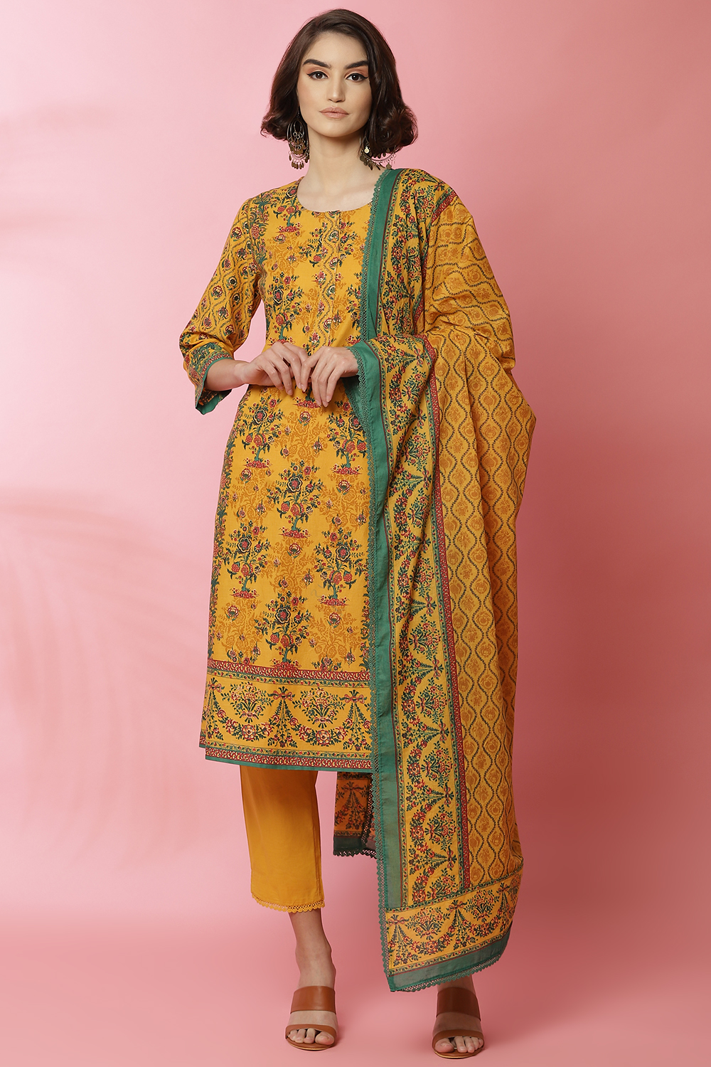 Sage Green Cotton Straight Kurta Slim Pant Suit Set image number 6