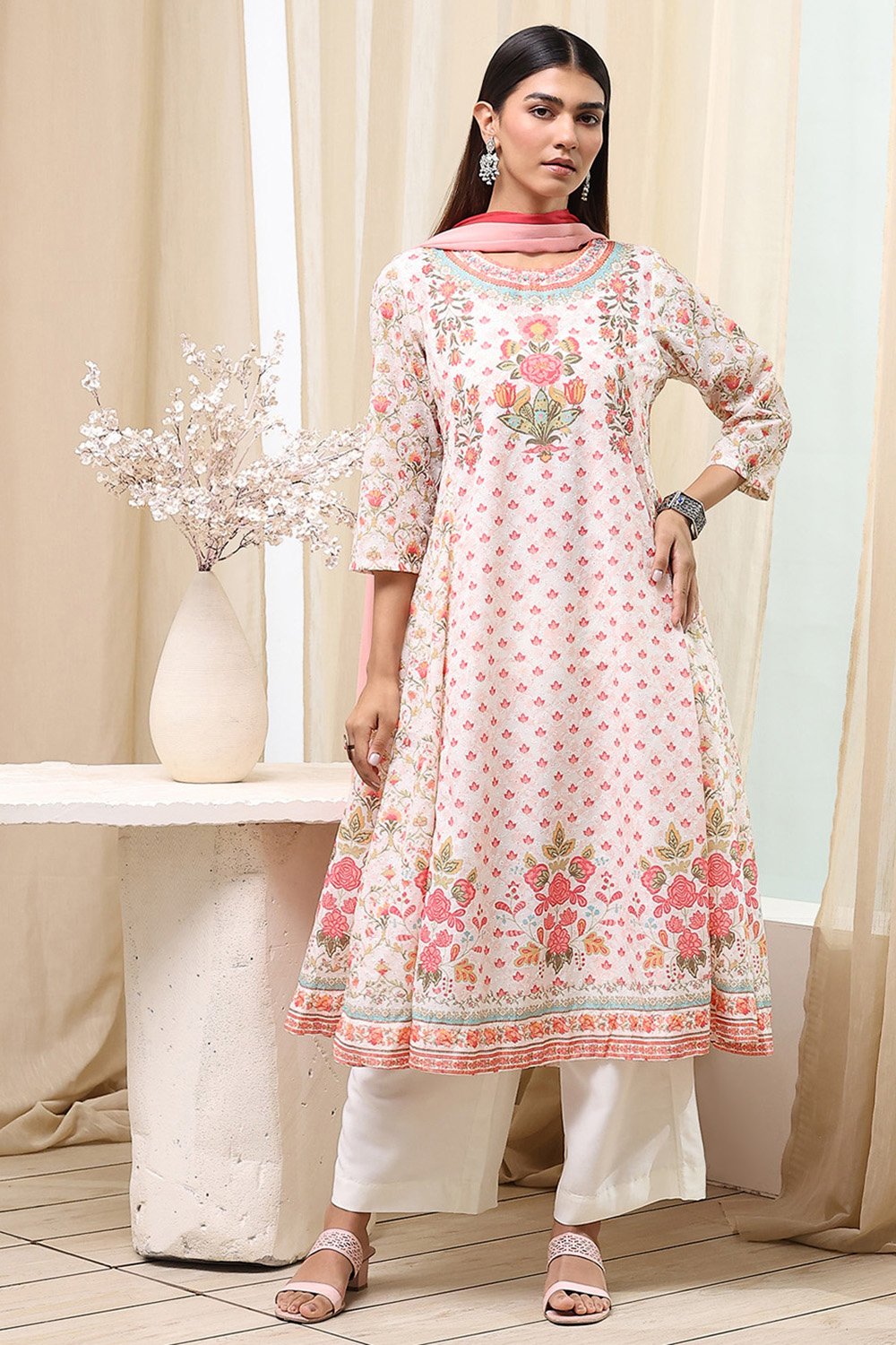 Off-White and Blue Cotton Floral Kalidar Suit Set image number 0