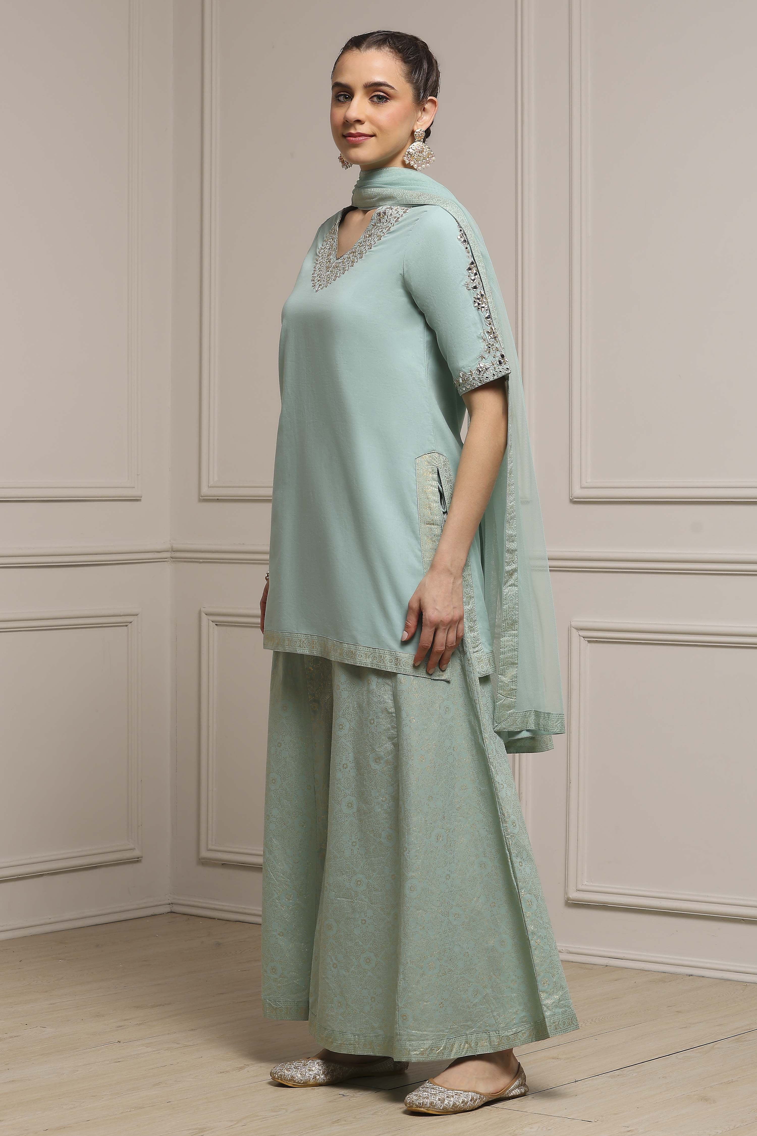 Light Green Cotton Straight Dyed Suit Set image number 3