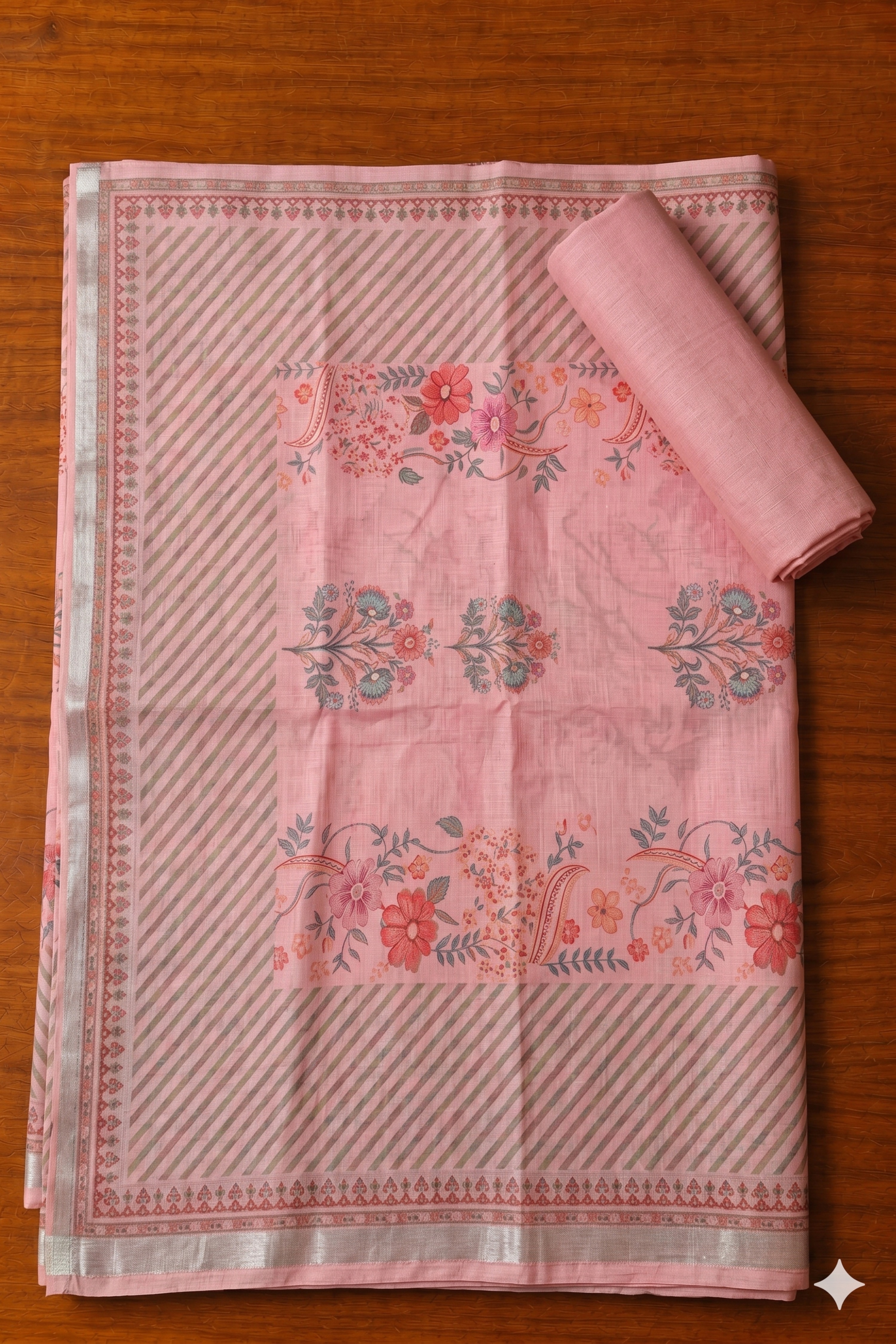 Peach Linen Floral Print With Handwork Unstitched Suit Set image number 3