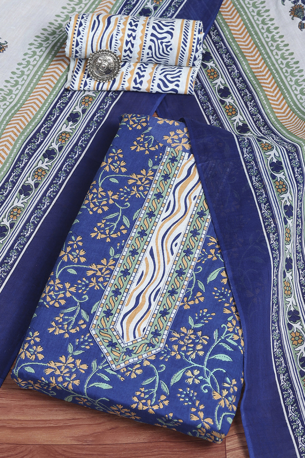 Royal Blue Cotton Screen Print Unstitched Suit Set image number 0