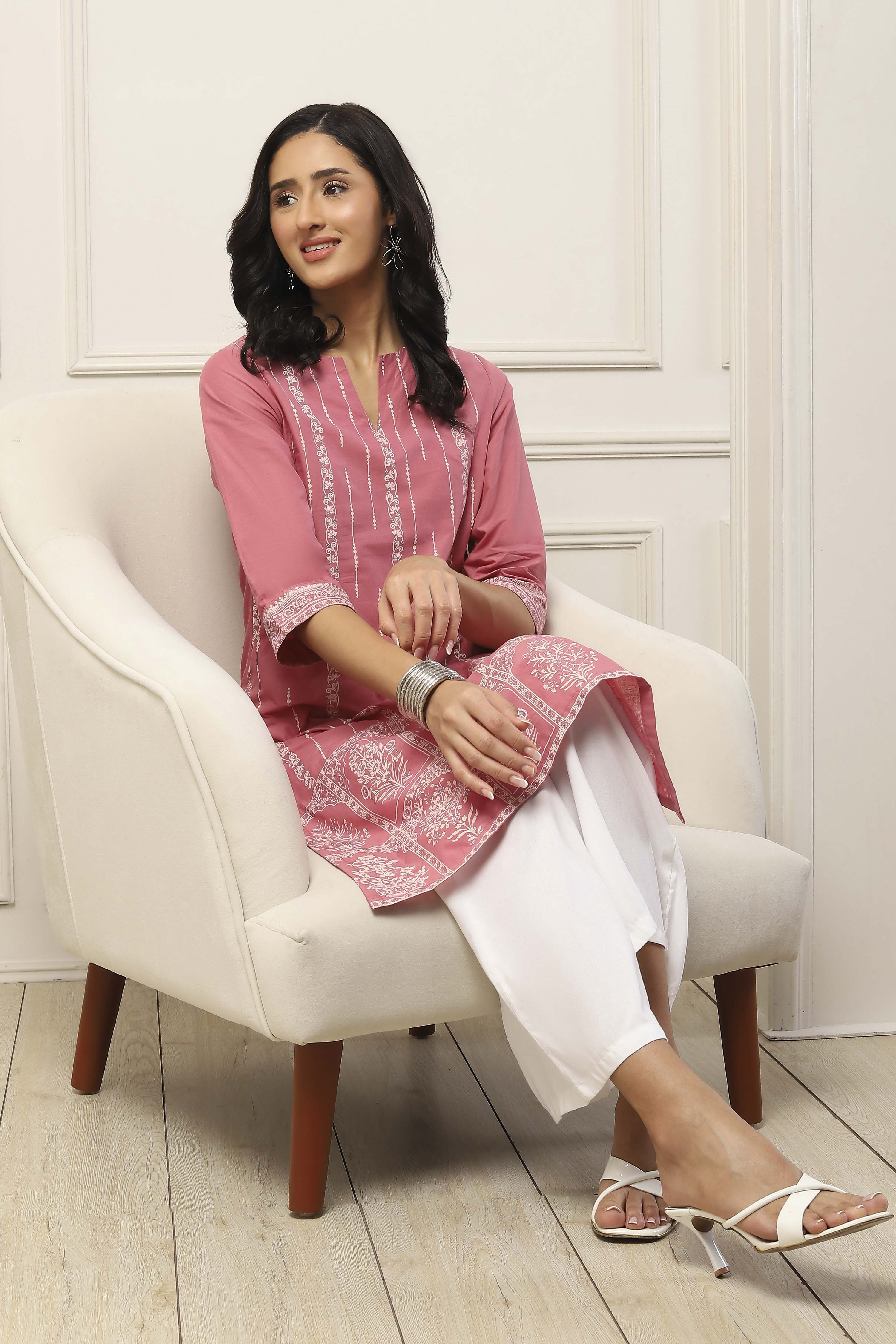 Pink Cotton Straight Kurta image number 0