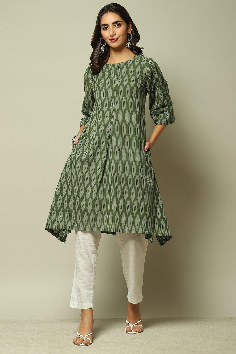 Dark Green Cotton IKAT Straight Yarndyed Kurta image number 0
