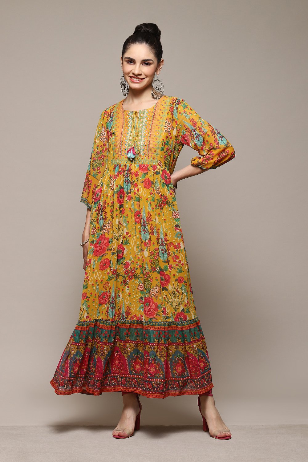 Teal Polyester Tiered Printed Dress image number 5