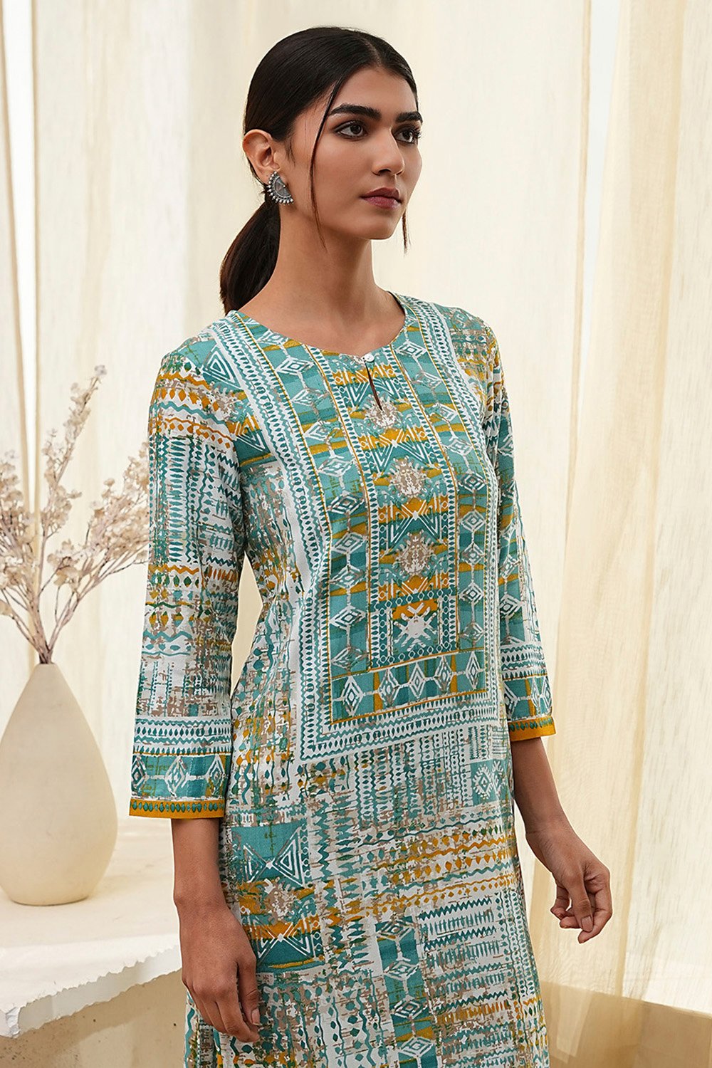 Teal Printed Straight Kurta image number 1