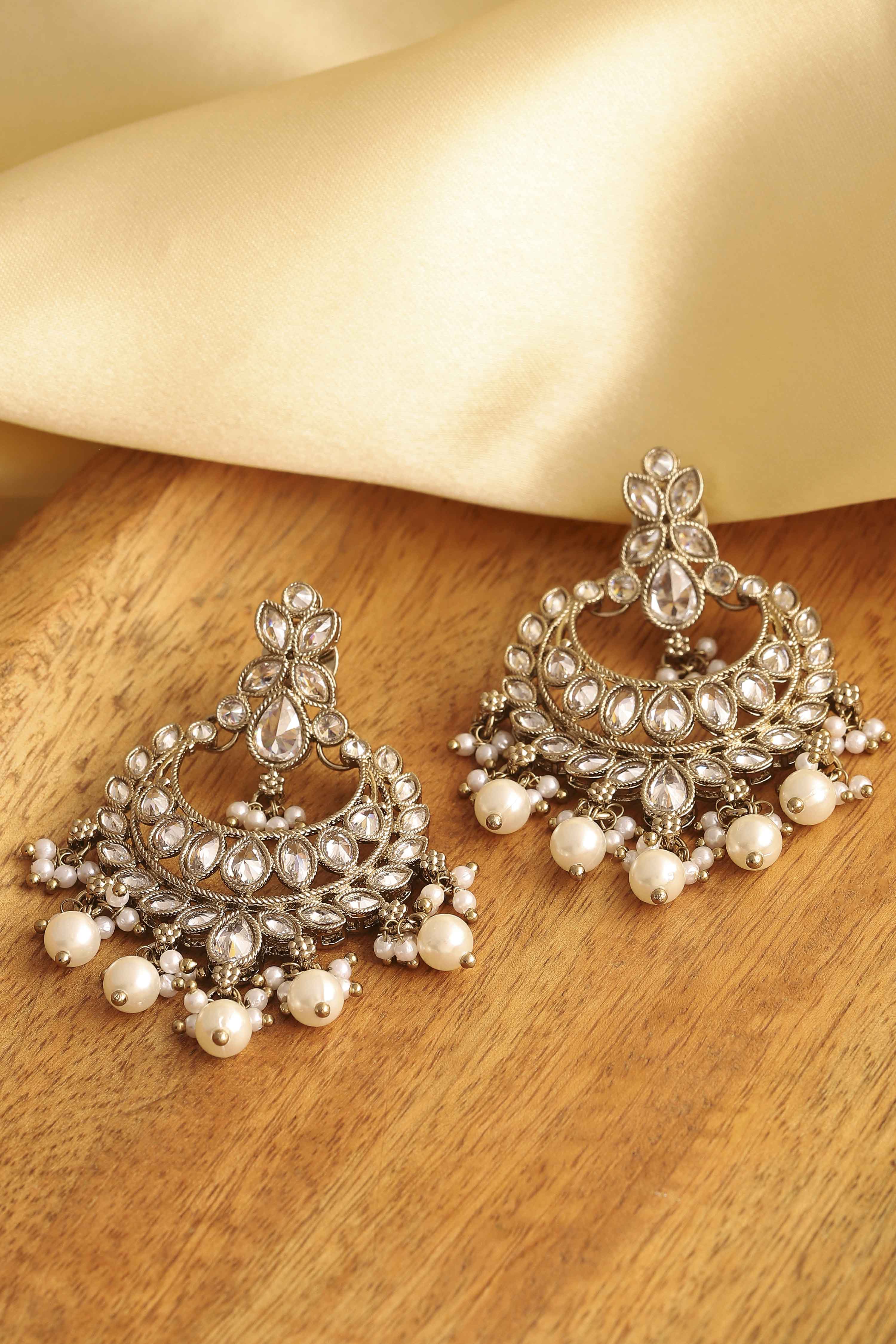 White Gold-Plated Alloy Studded Chandbalis image number 0