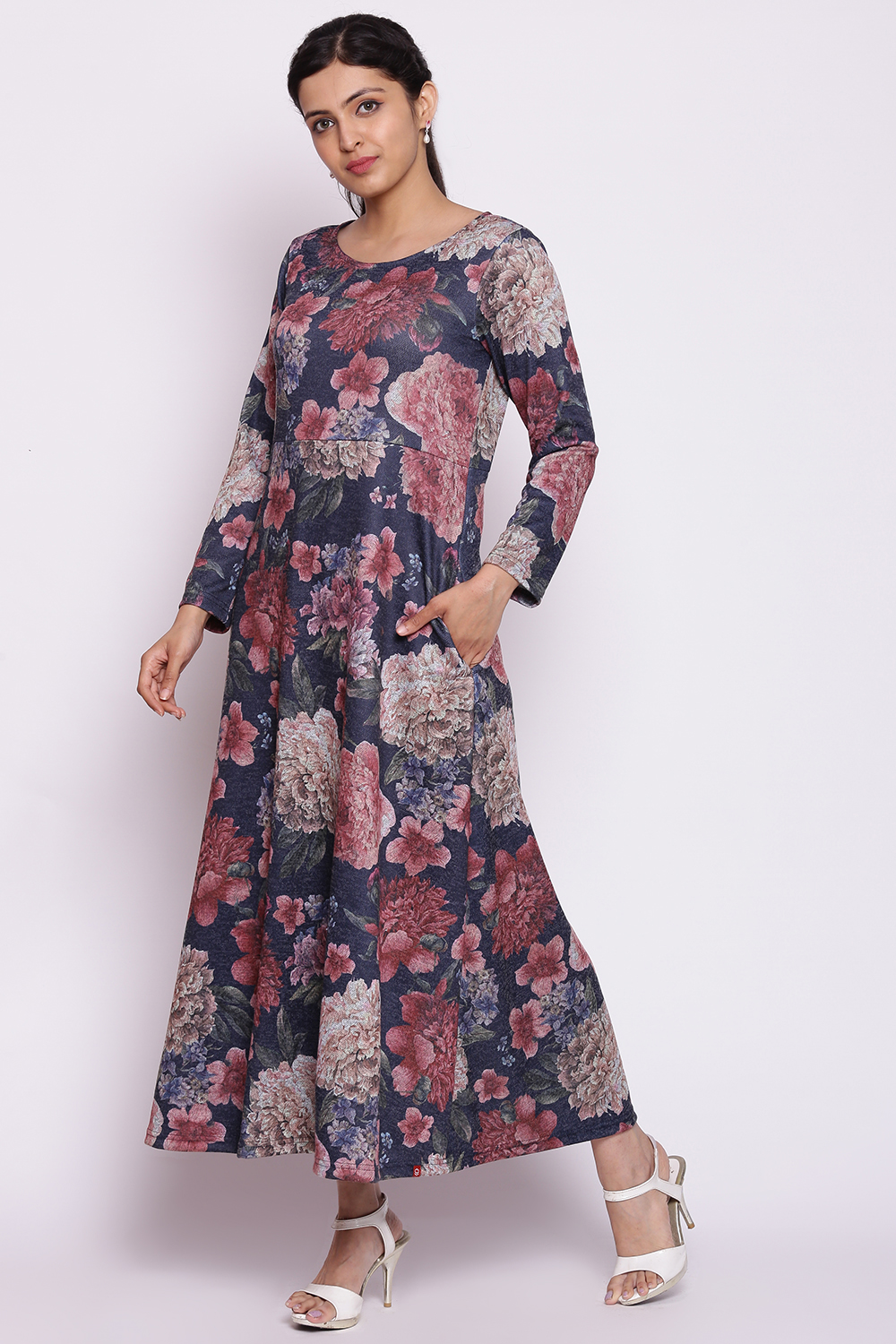 Blue Floral Winter Printed Dress image number 3