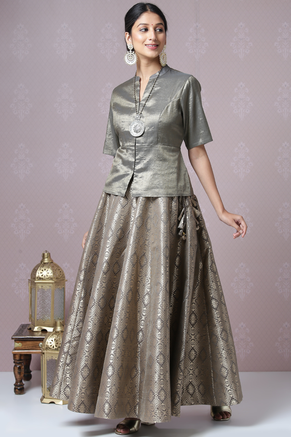 Sage Green Metallic Cotton Lehenga Set image number 0