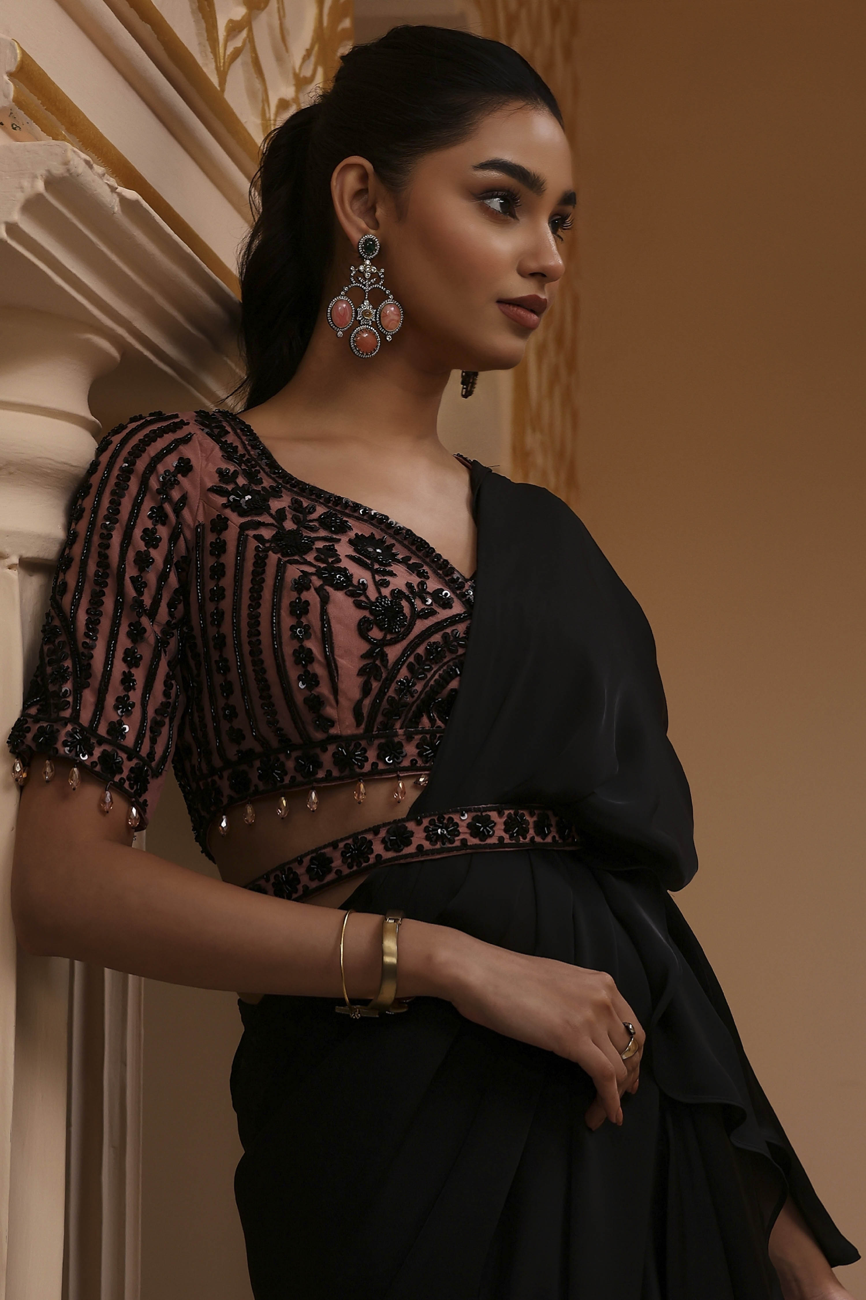 Black Modal Satin Pre-Draped Saree image number 1