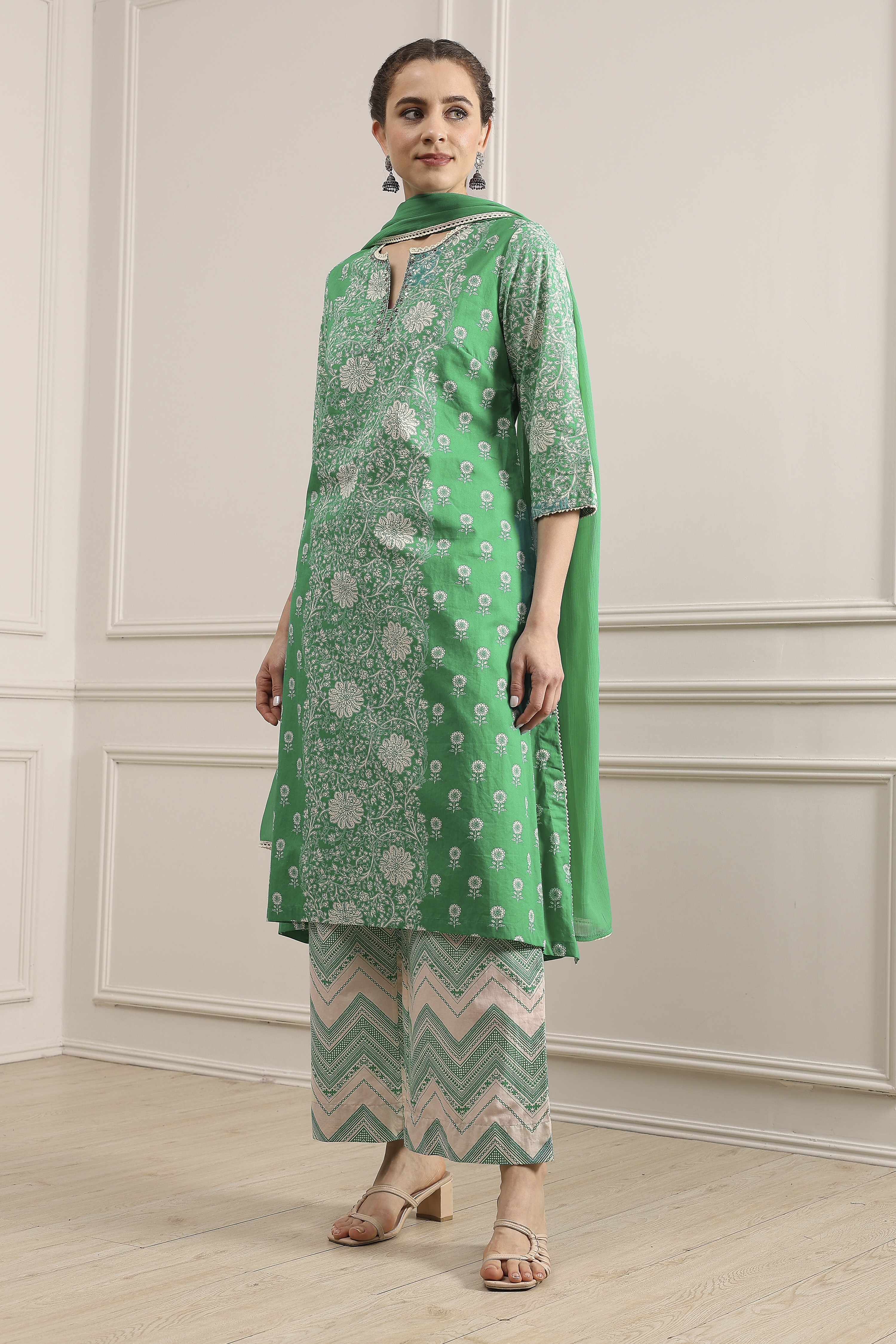 Green Cotton A-Line Printed Suit Set image number 4