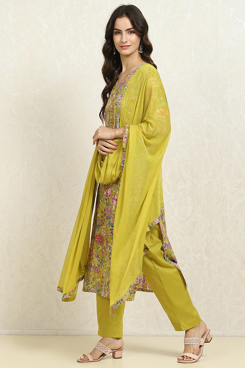 Green Cotton Floral Unstitched Suit Set image number 4