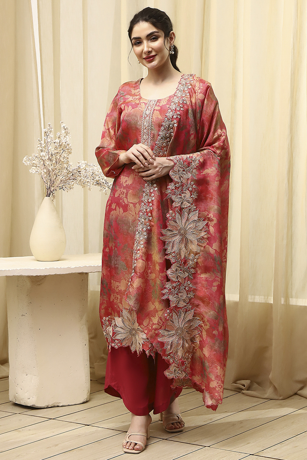 Grey Tissue Printed Embroidered Unstitched Suit Set image number 1