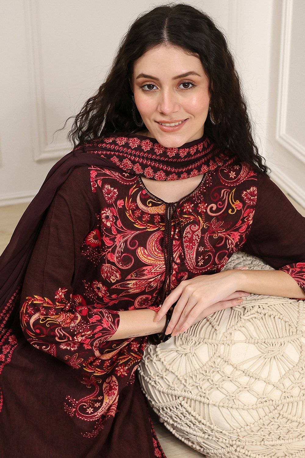 Brown Printed Straight Suit Set image number 0