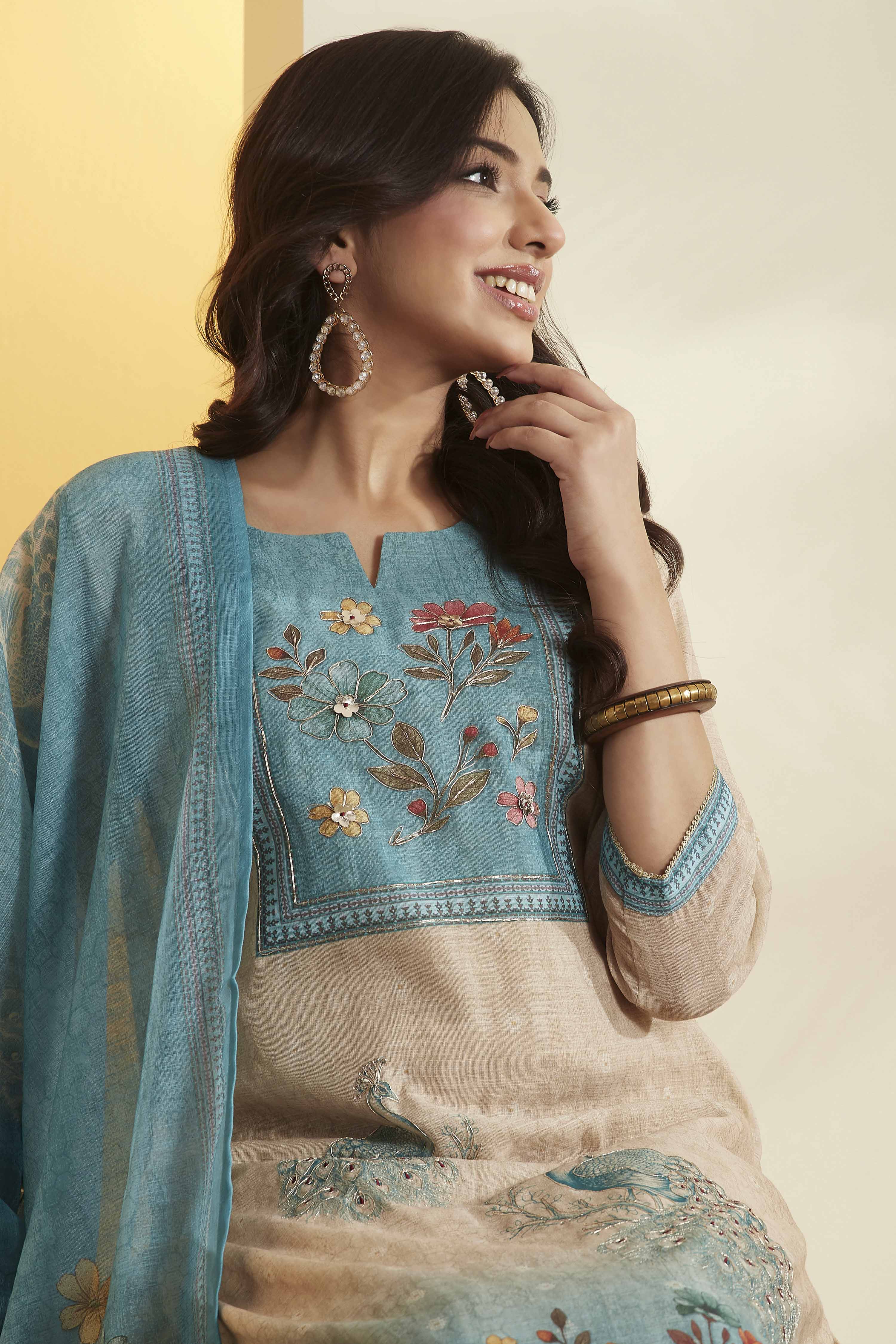 Blue Poly Linen Straight Suit Set image number 1