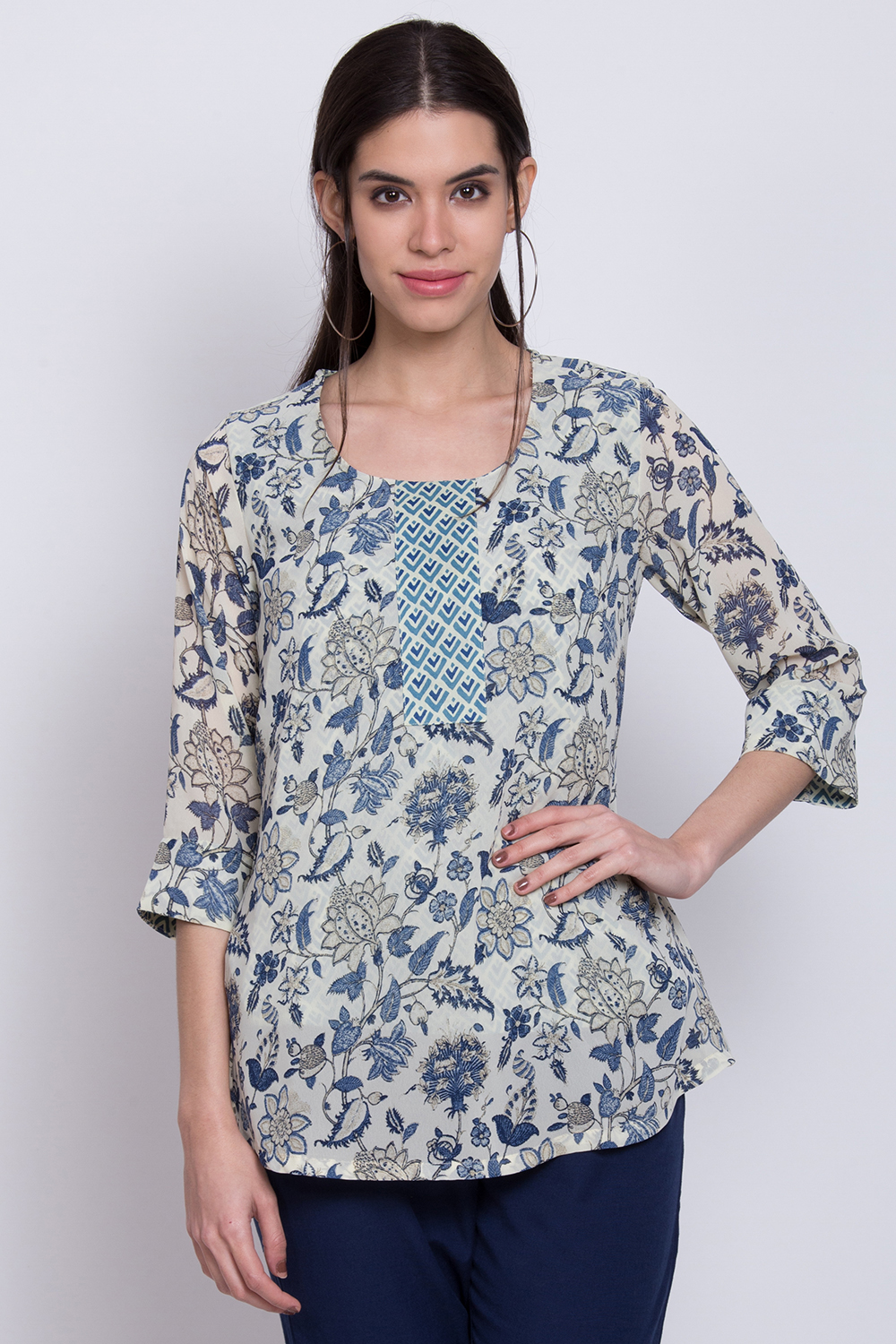 Cream Art Silk Straight Printed Kurti image number 0