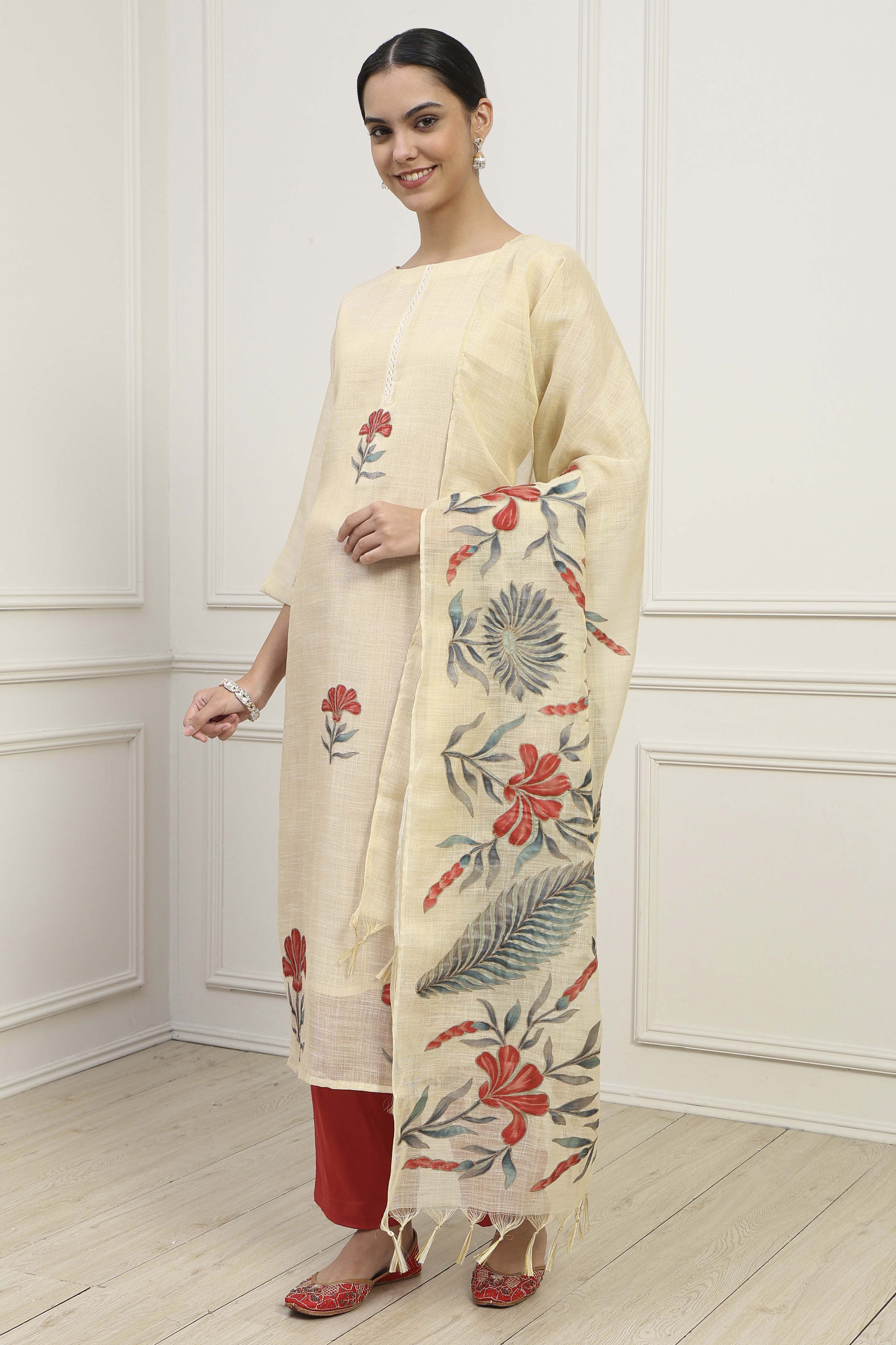 Beige Red Tissue Applique Unstitched Suit Set image number 4