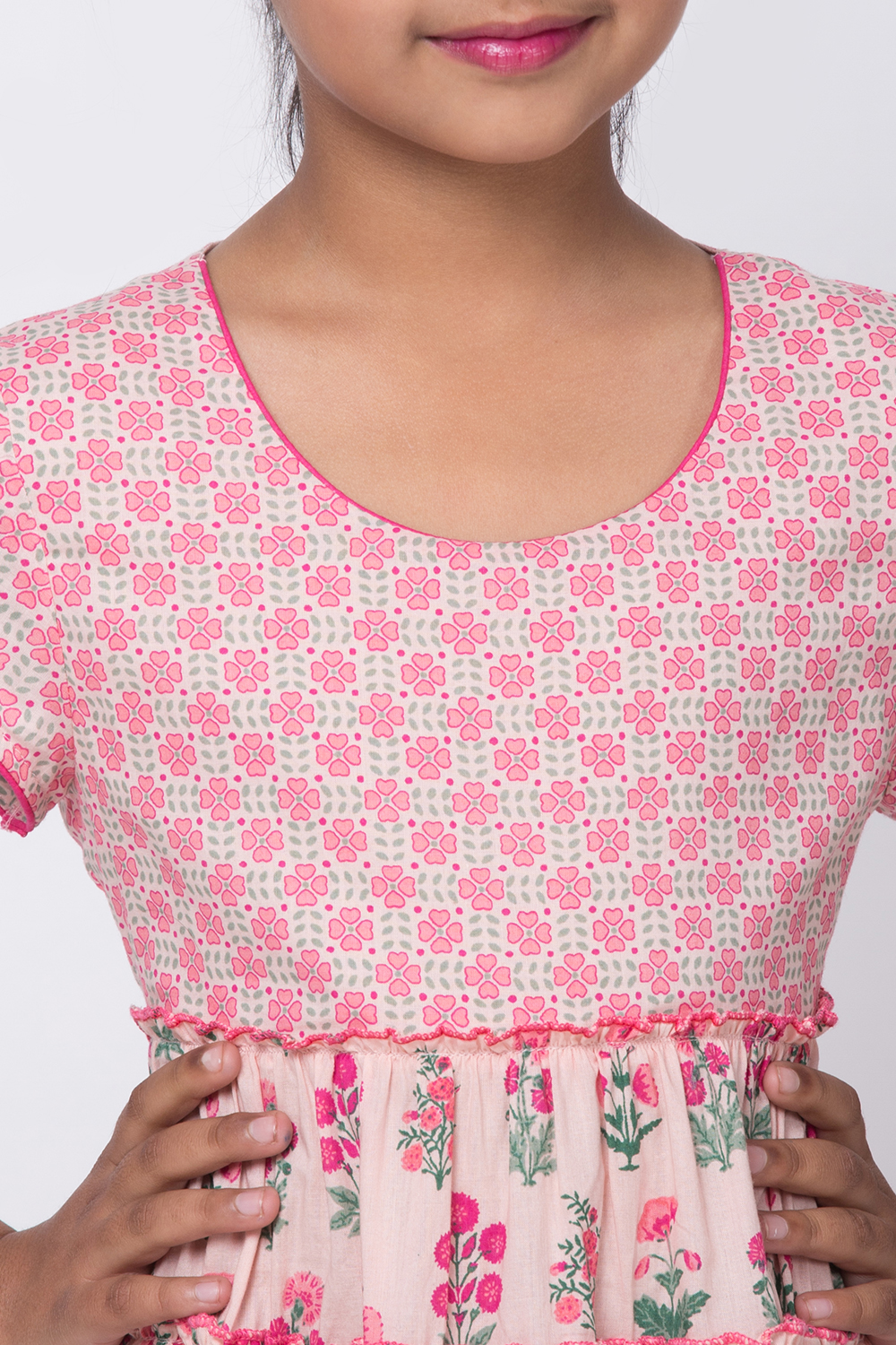 Peach Cotton Flared Printed Dress image number 1