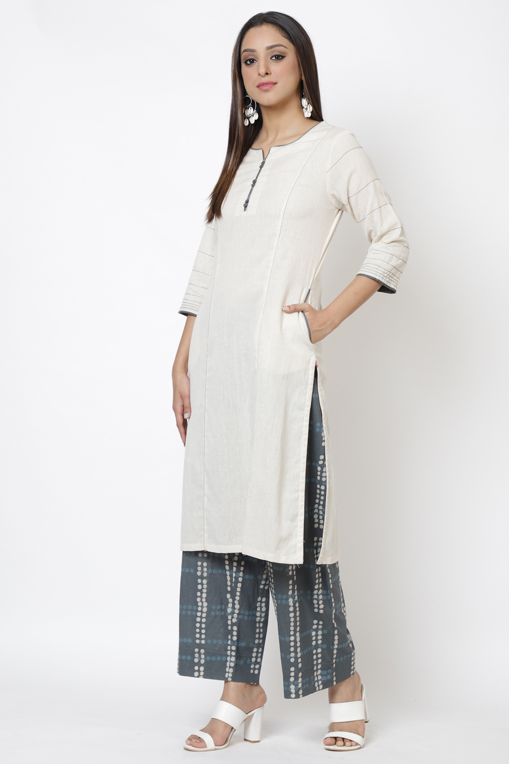 Off White Cotton Flax Straight Kurta Palazzo Suit Set image number 3
