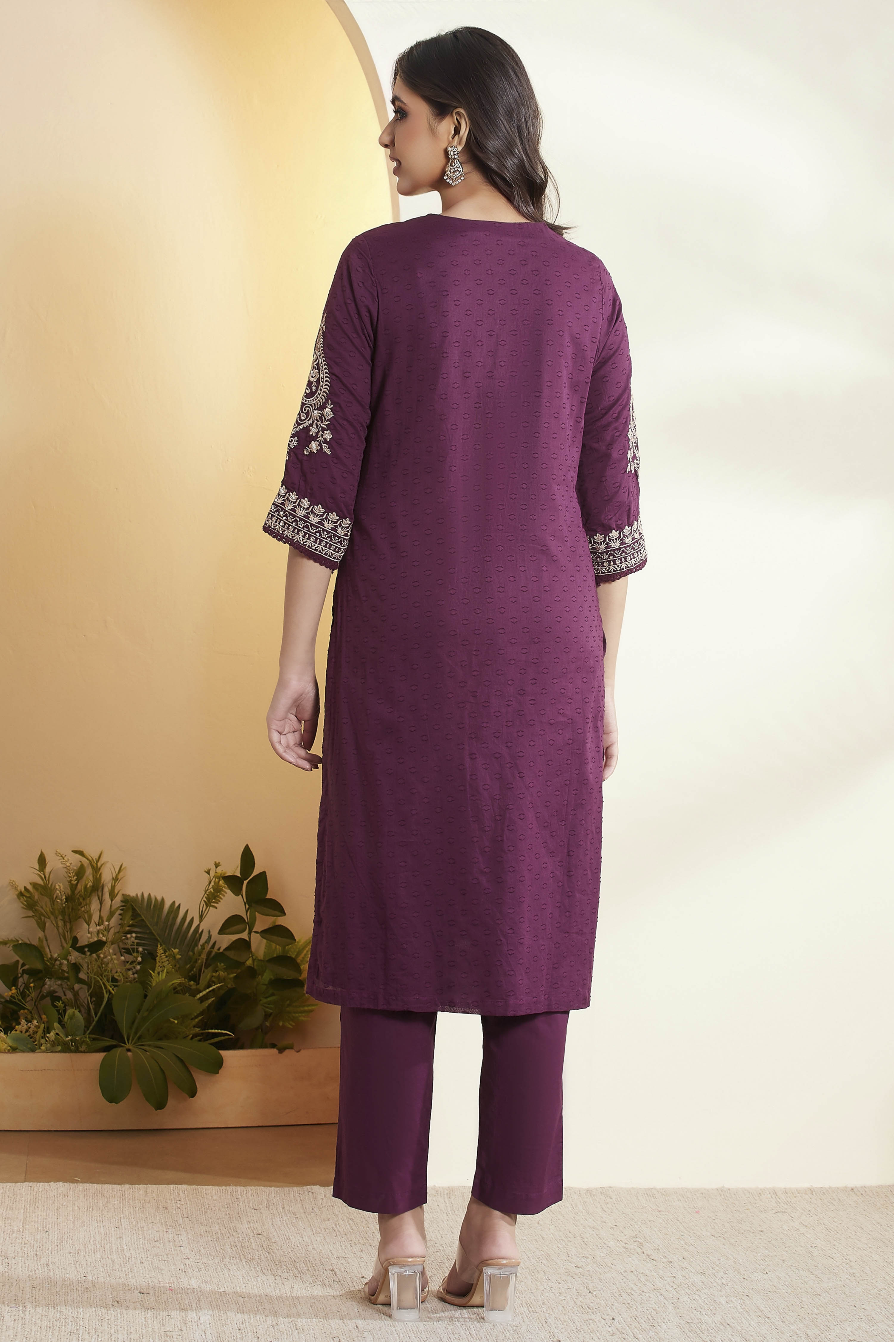 Purple Cotton Straight Suit Set image number 6