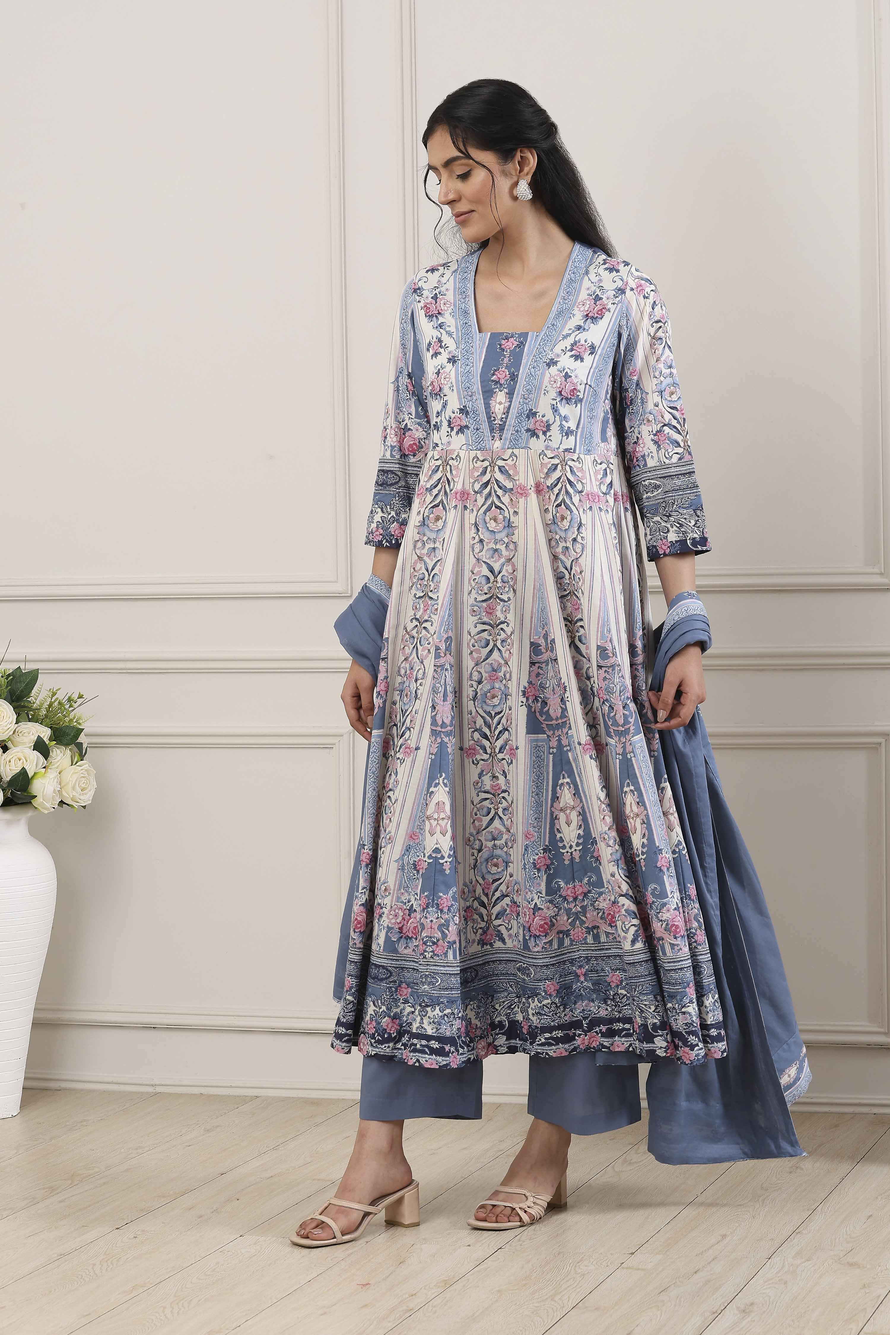 Blue Cotton Anarkali Suit Set image number 3