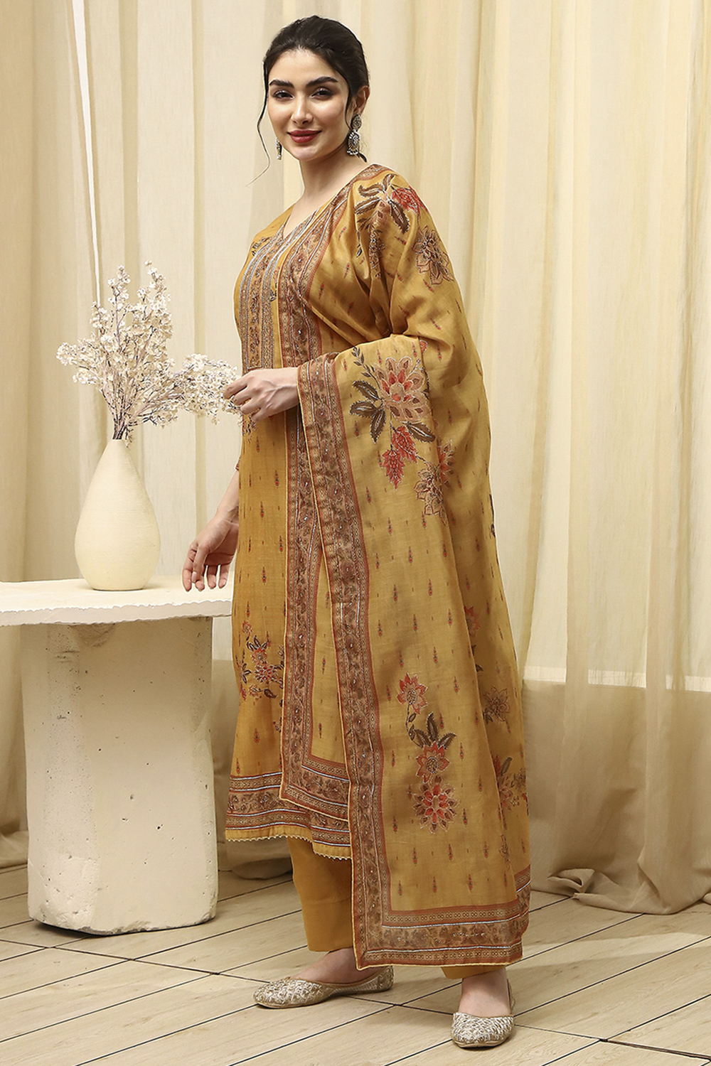 Pink Chanderi Printed Embroidered Unstitched Suit Set image number 4