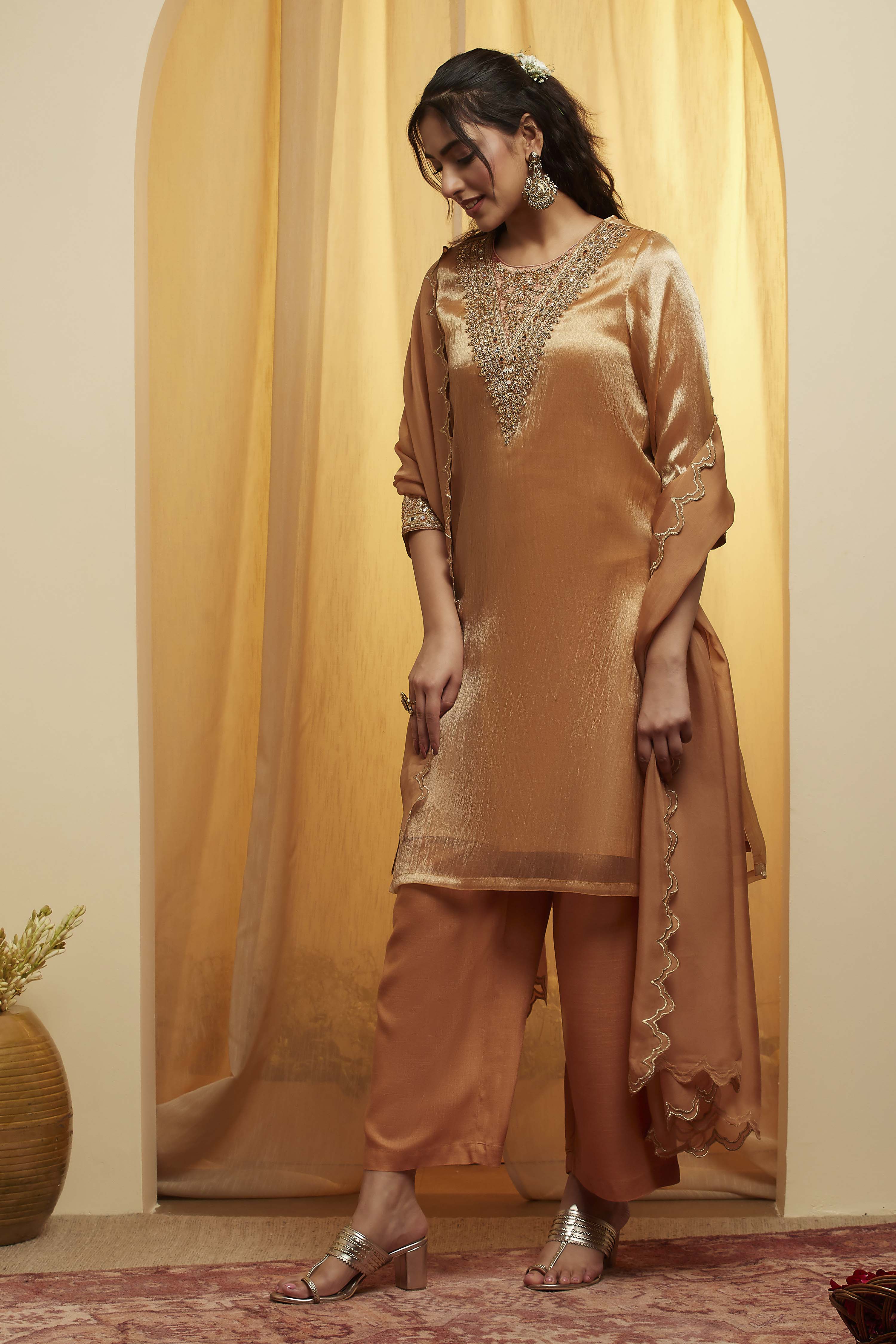 Gold Viscose Rayon Straight Suit Set image number 3