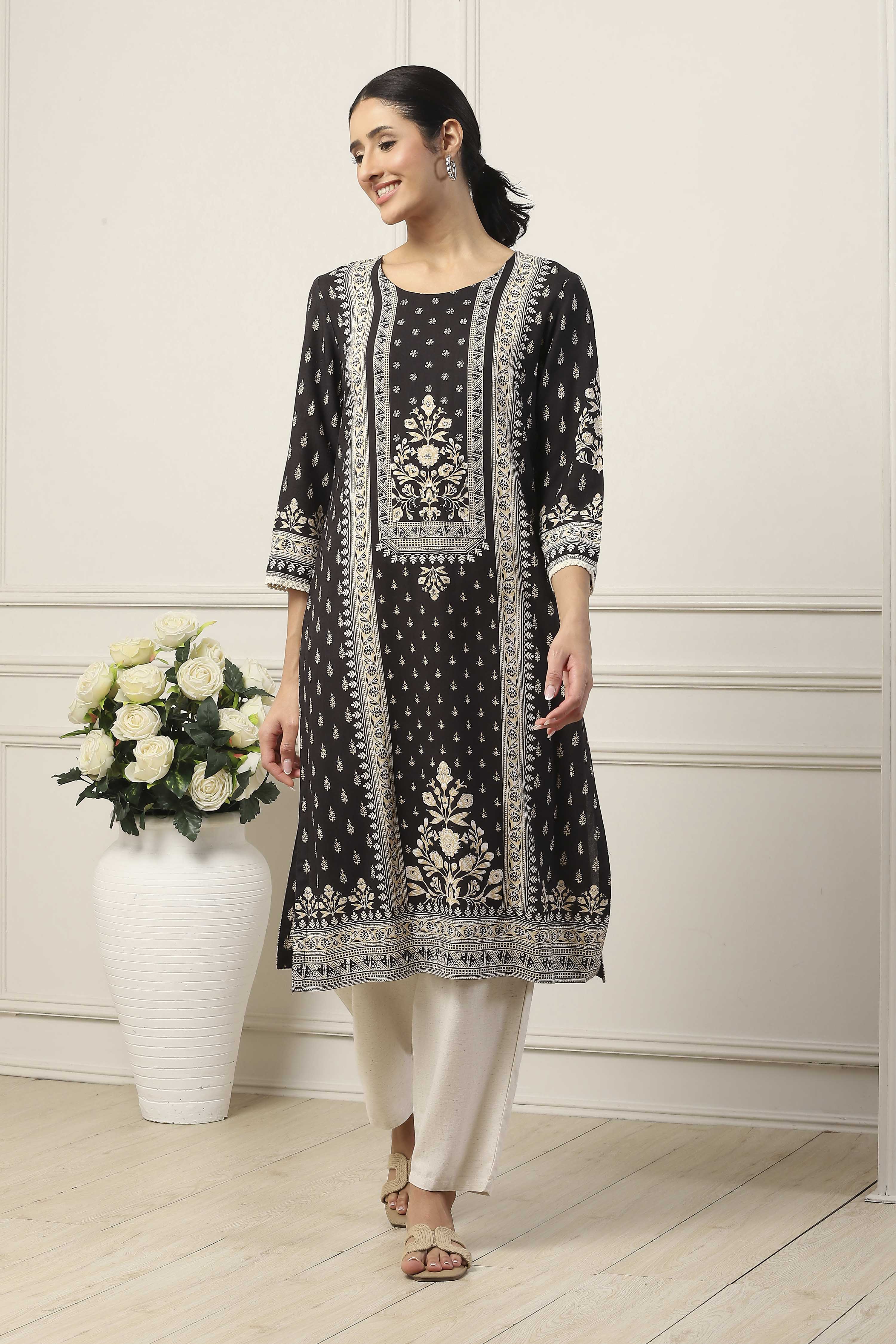 Black Viscose Rayon Ethnic Motif Printed Straight Kurta image number 5