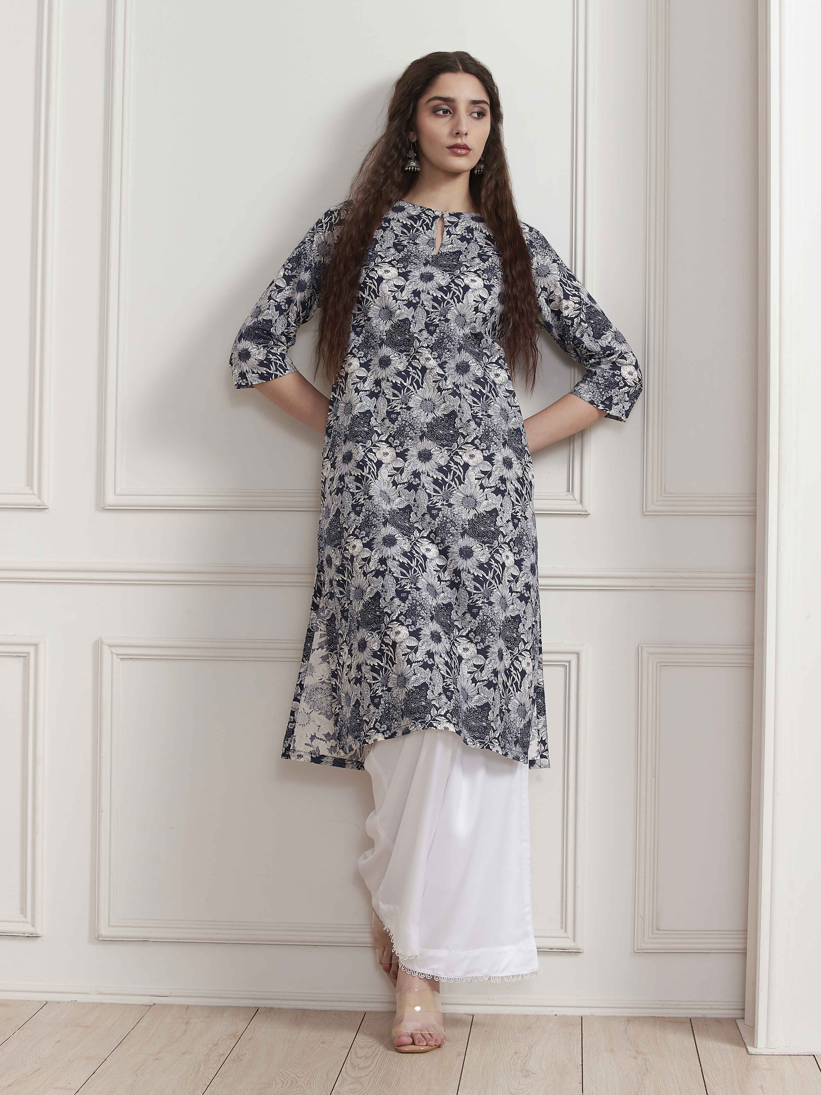 Blue Cotton Floral Printed Straight Kurta image number 0