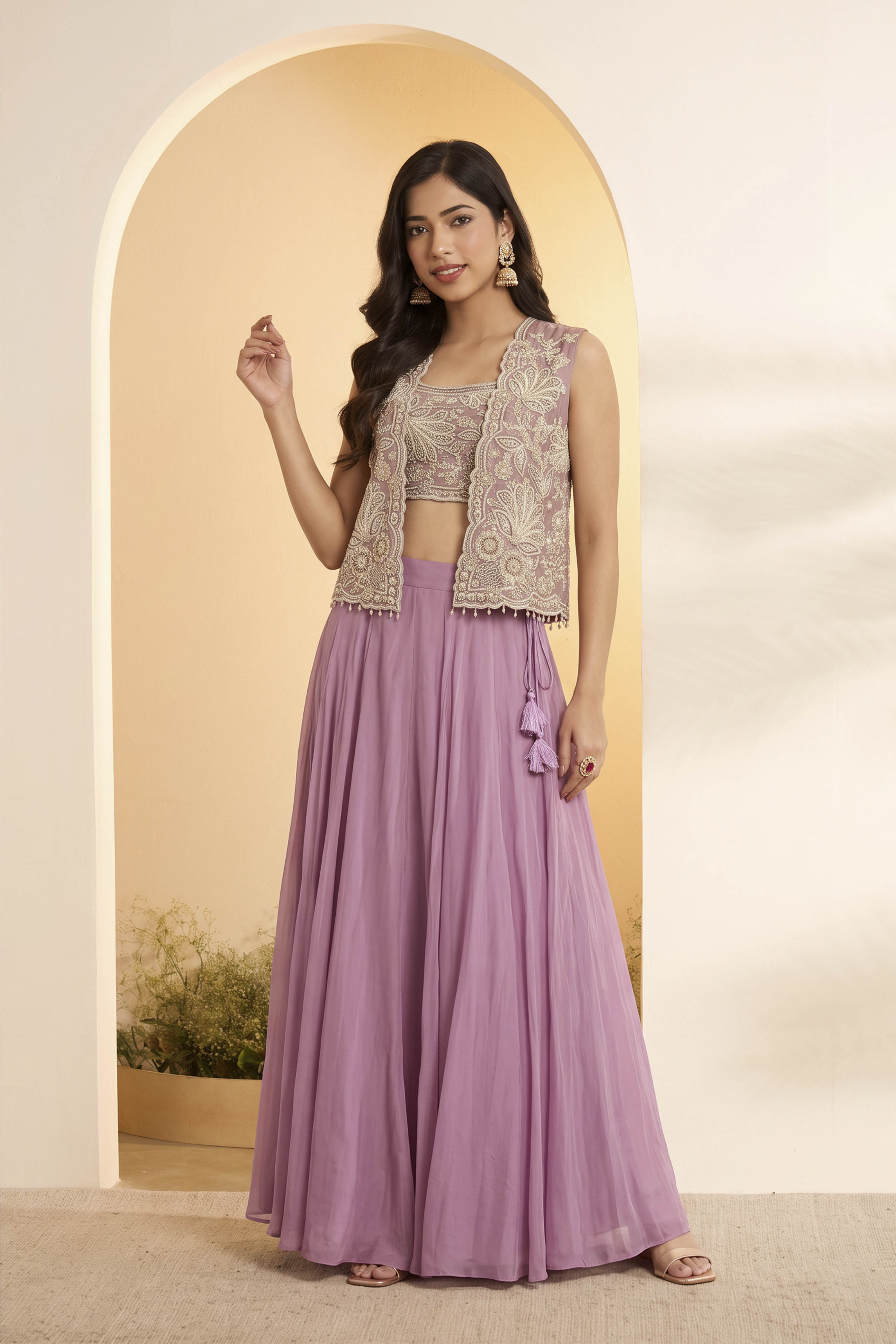 Dusty Lilac Viscose Rayon Embellished Skirt Set with Jacket image number 0