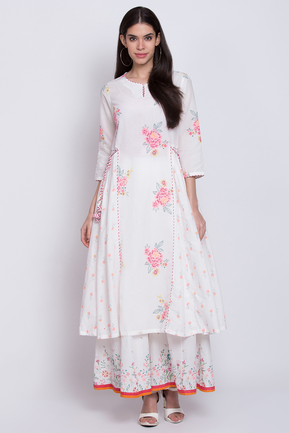 Red Cotton Flared Printed Kurta image number 0
