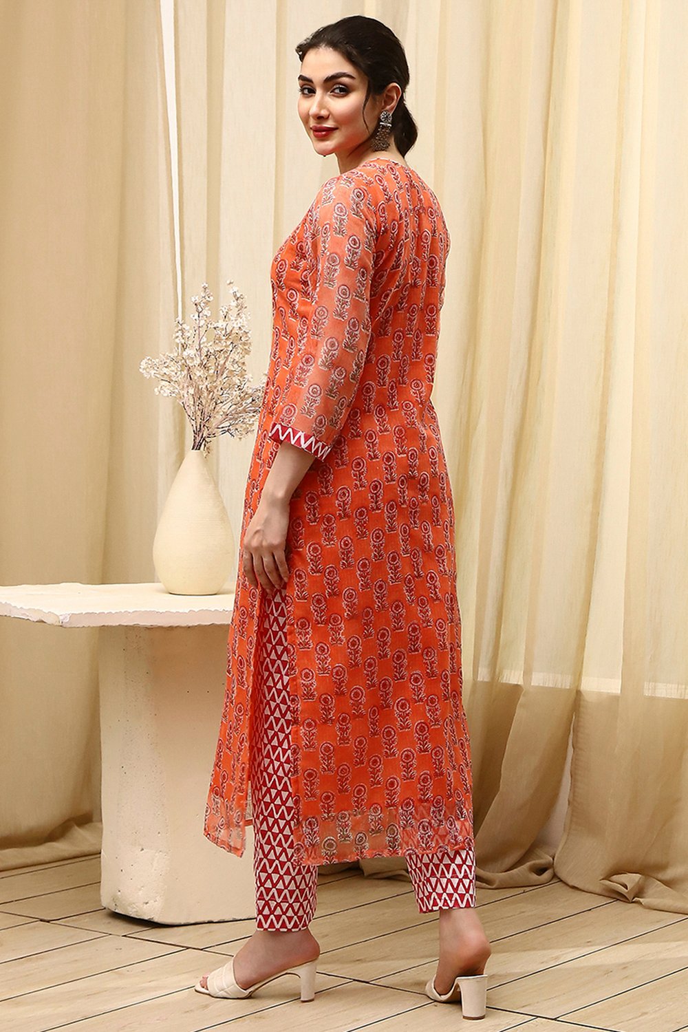 Yellow Cotton Hand Block Print Unstitched Suit Set image number 5