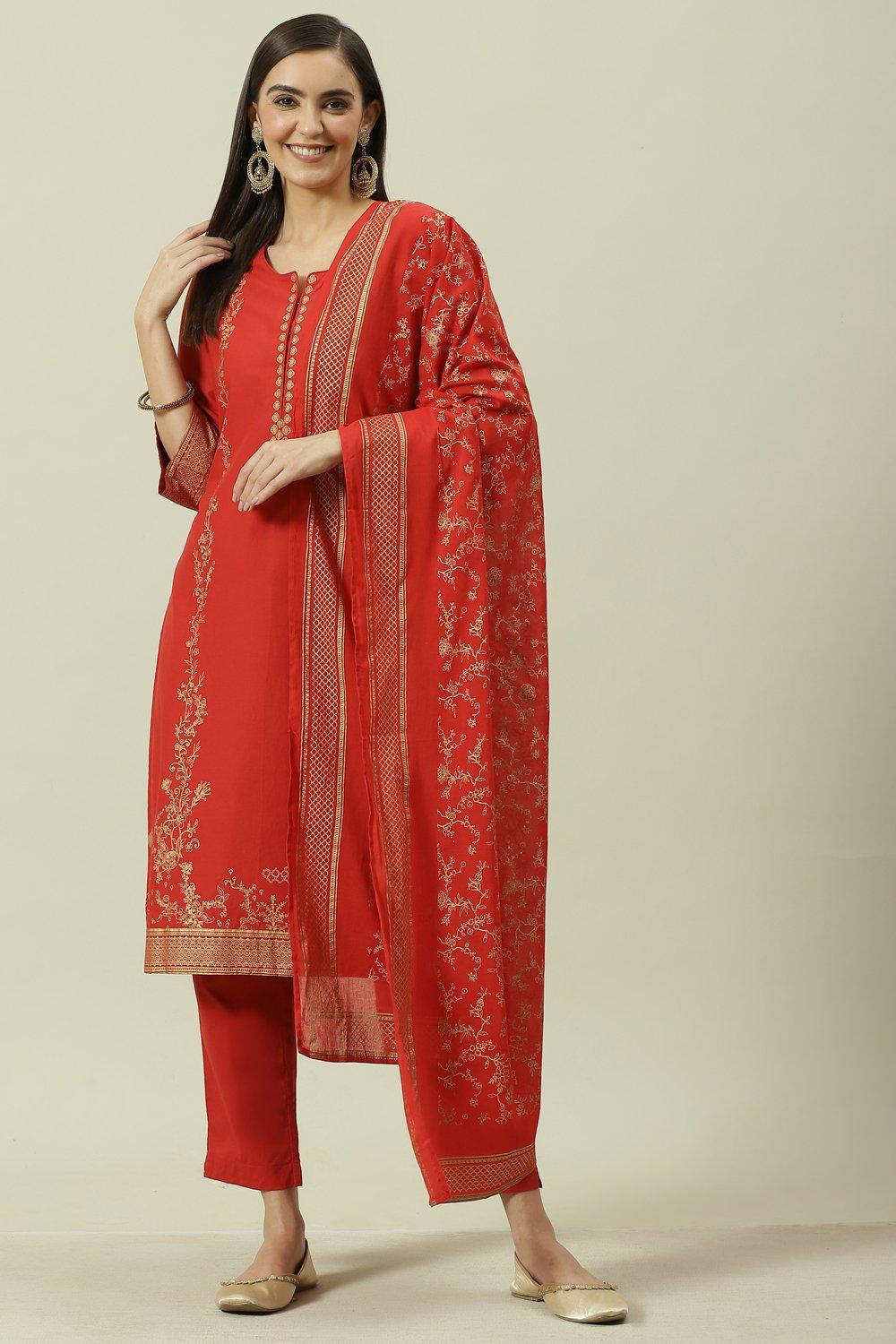 Red Cotton Straight Kurta Pants Suit Set image number 0
