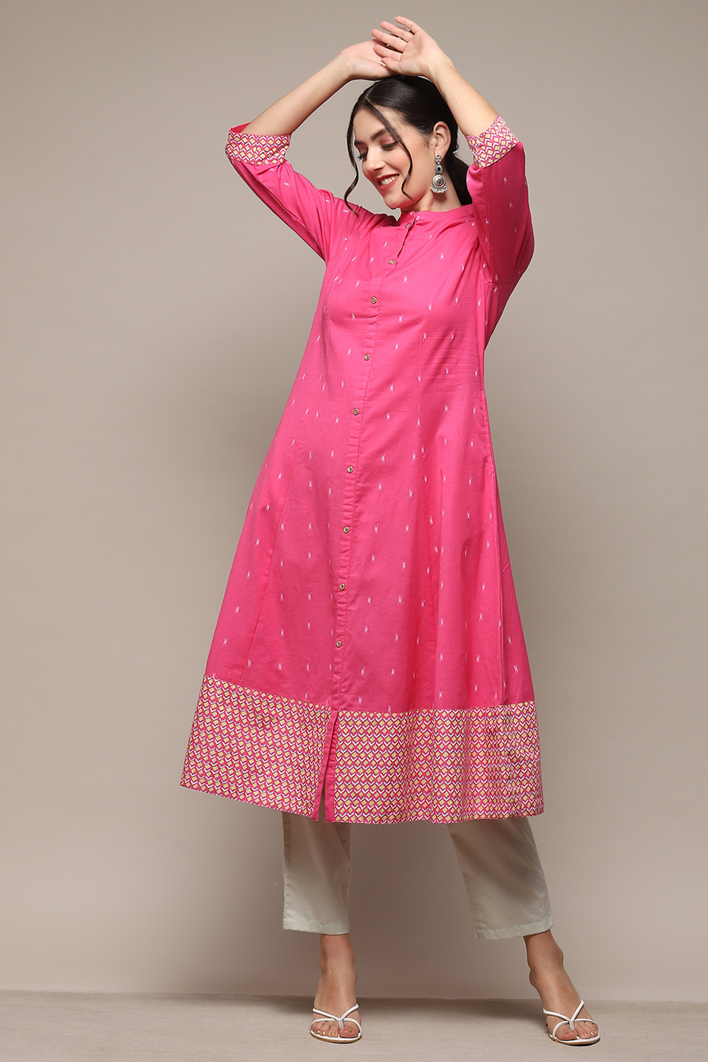 Black Cotton Flax Printed A-Line Kurta image number 0