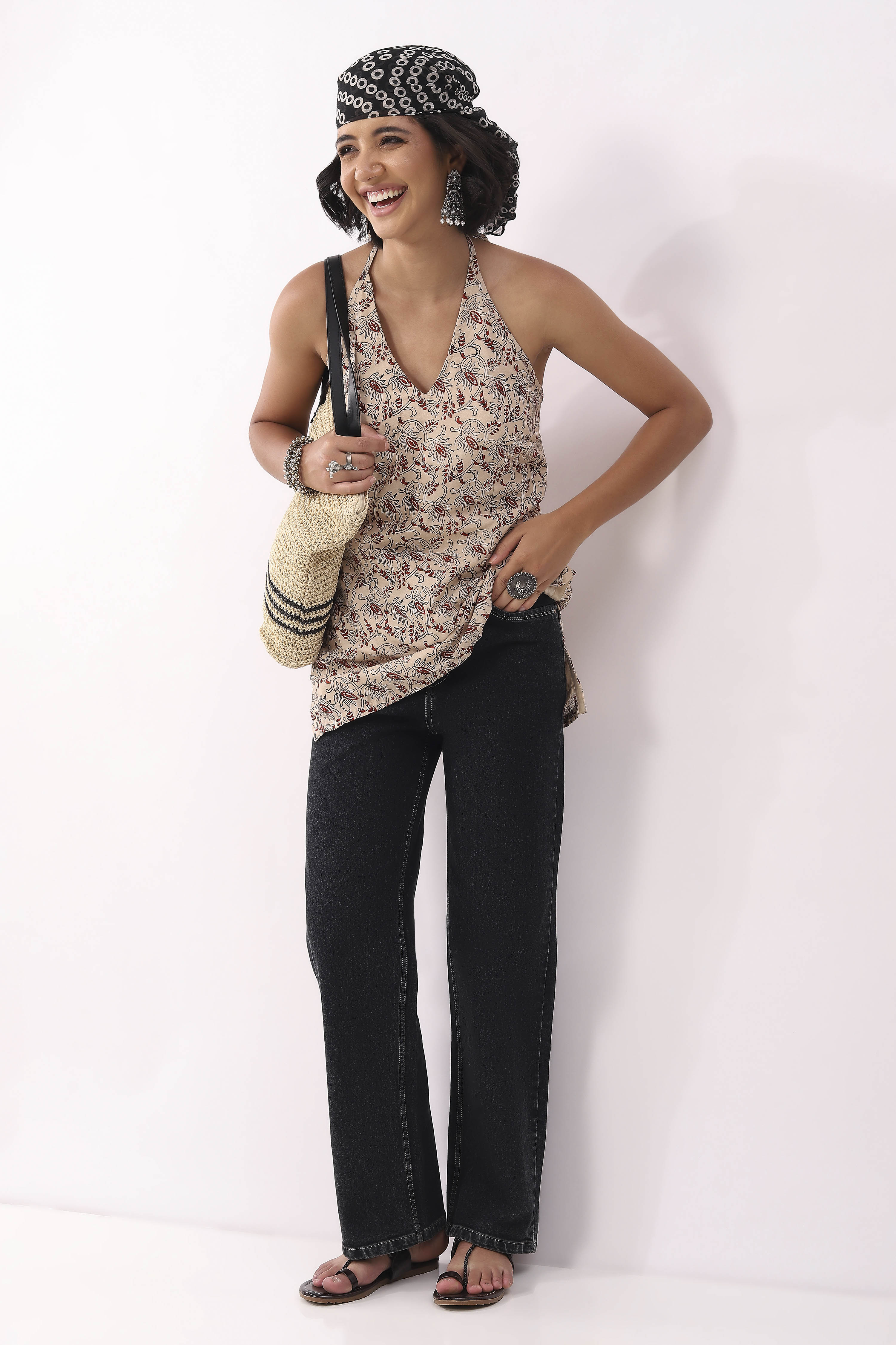 Beige Cotton Printed A Line Short Kurti image number 0