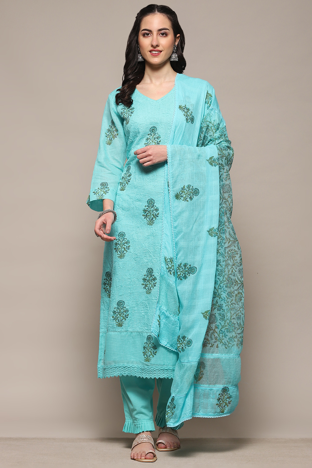 Pista Green Cotton Blend Unstitched Suit set image number 8