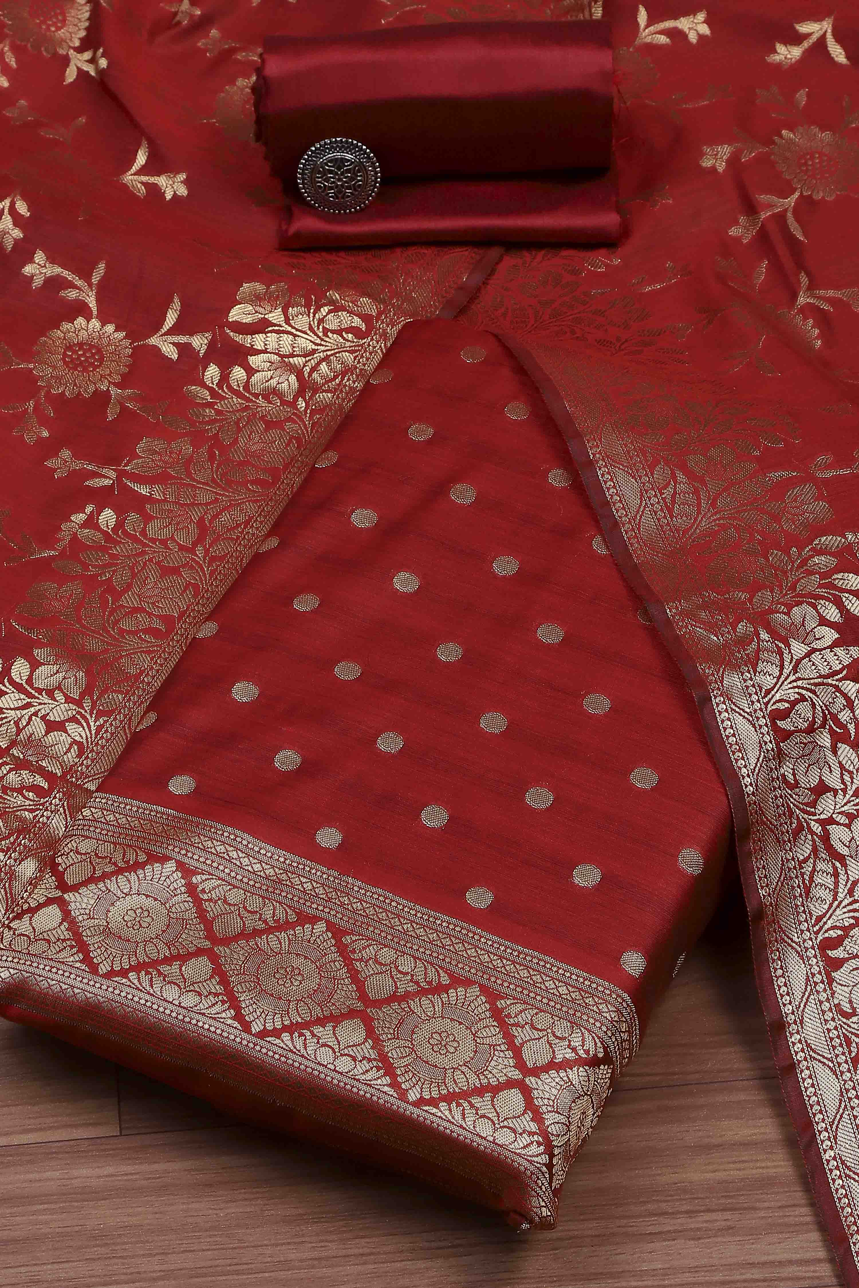 Red Banarasi Chanderi Banarasi Print Unstitched Suit Set image number 0